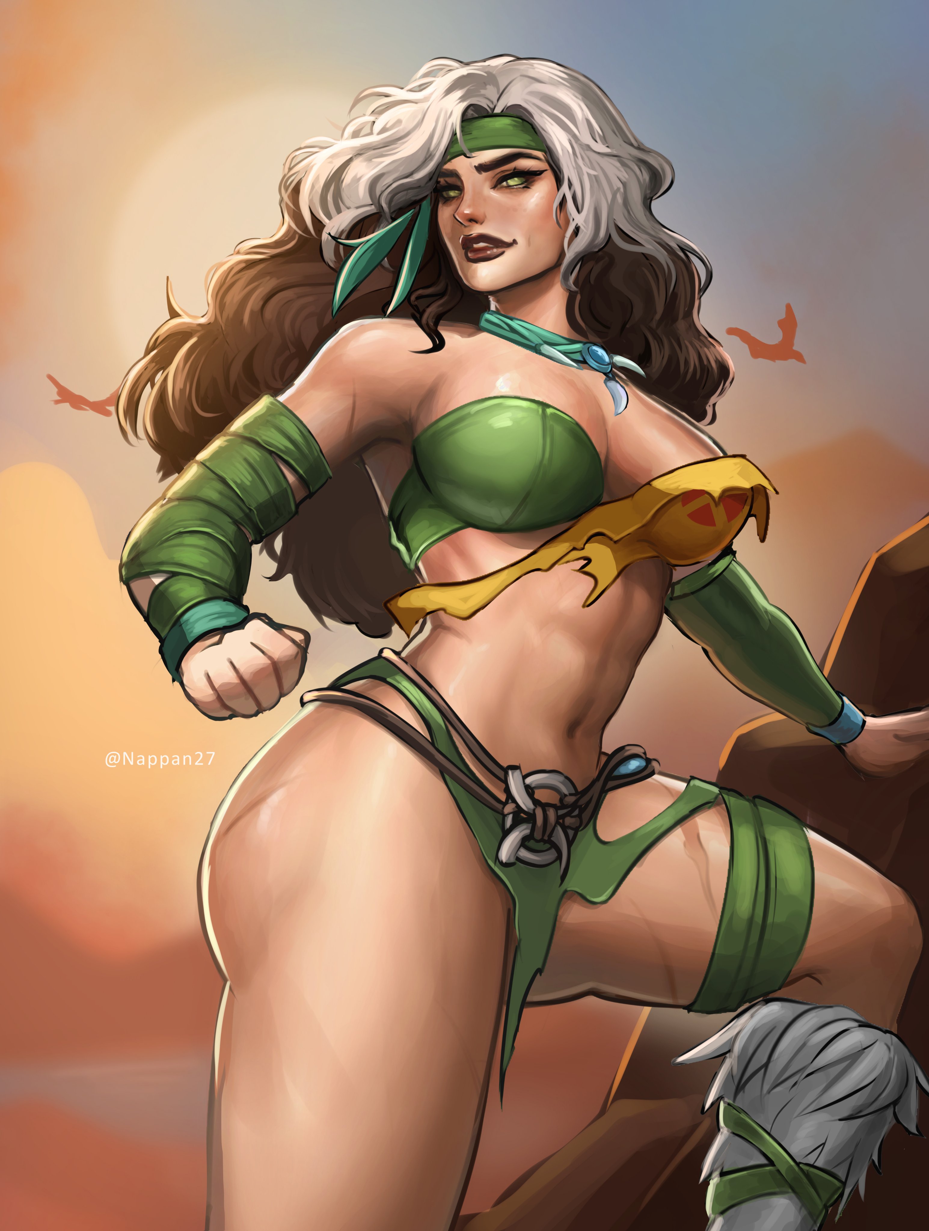 2d, big ass, big breasts, cave girl, cavegirl, cavewoman, female, fully clothed, jungle, jungle girl, marvel, marvel rivals, nappan27, rogue (marvel rivals), rogue (savage land), rogue (x-men), solo, standing, thick thighs, x-men
