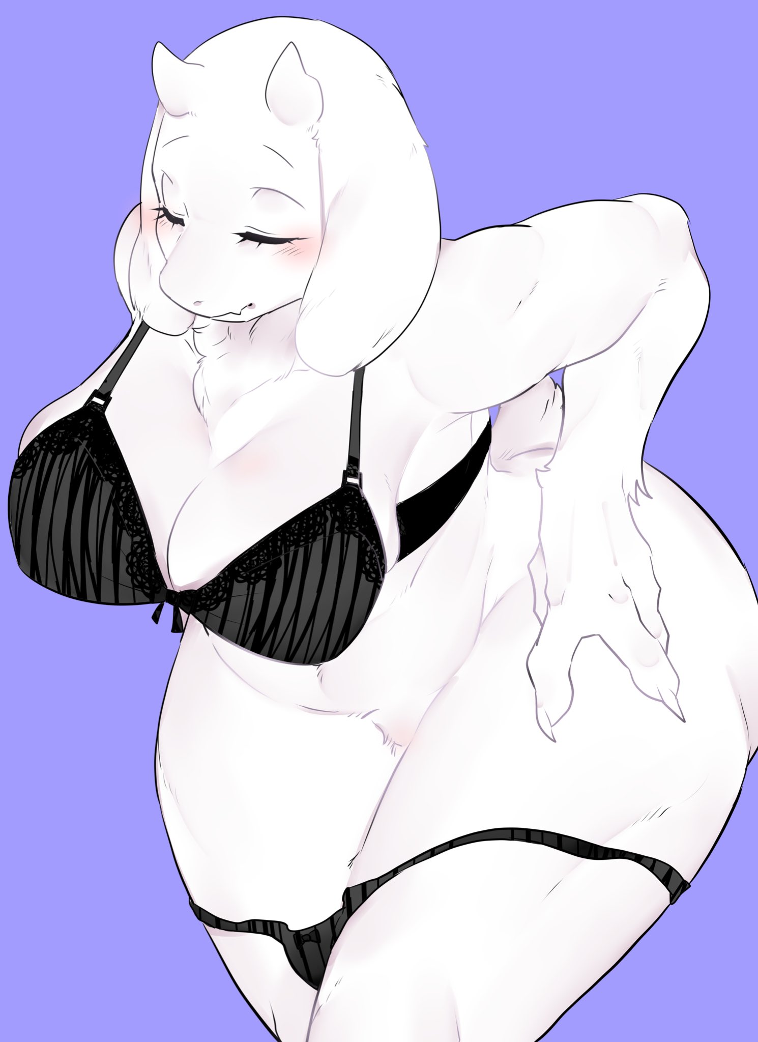 2020, alternate body type, anthro, big ass, big breasts, blush, bovid, breasts, caprine, clothing, curvy figure, eyes closed, female, fingers, fur, furry, hi res, horn, huge ass, huge breasts, mammal, mature anthro, mature female, purple background, simple background, sirn 0121, slightly chubby, snout, solo, solo female, thick thighs, toriel, undertale, undertale (series), underwear, undressing, voluptuous, white body, white fur