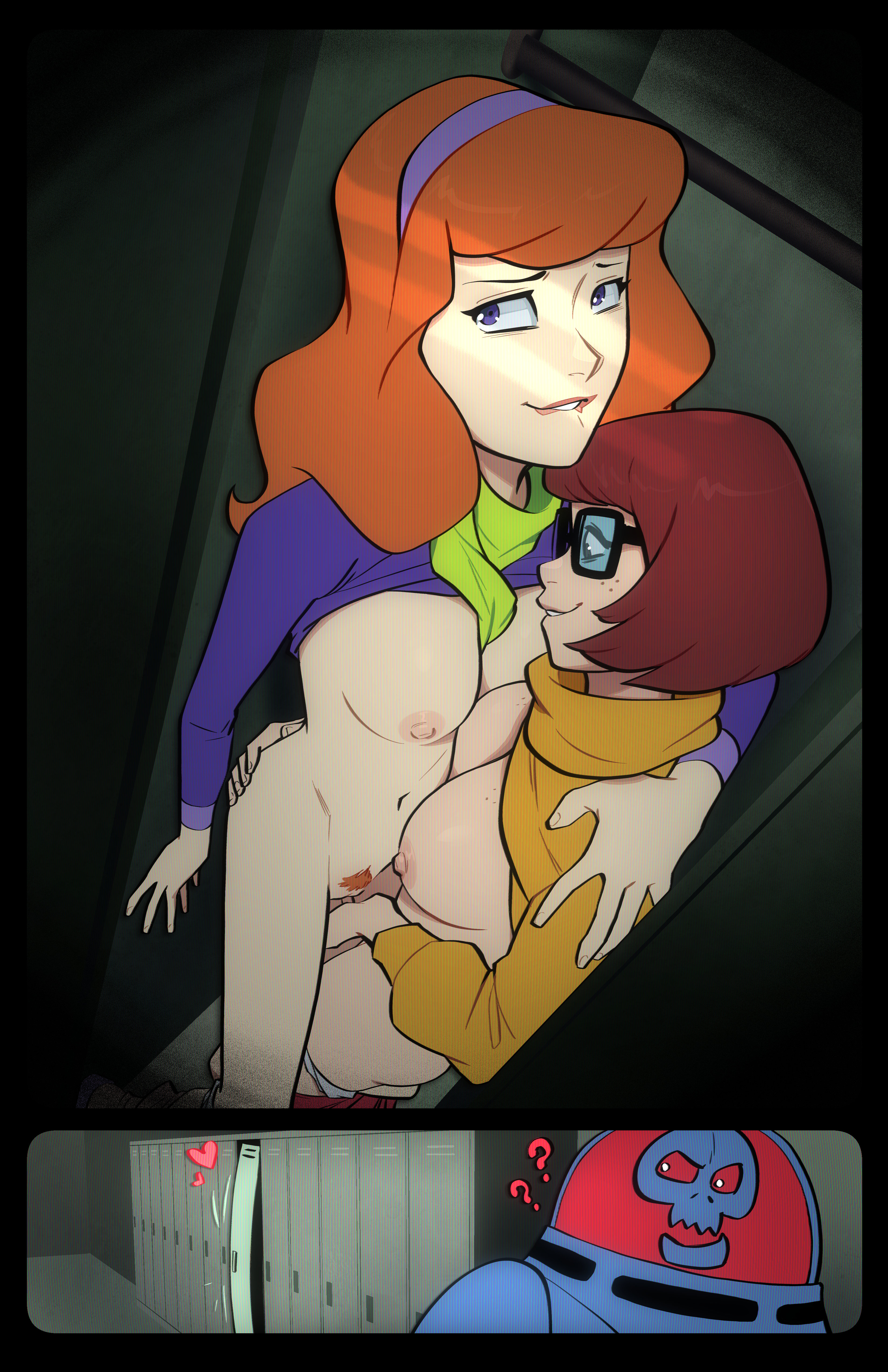 2girls, areolae, biting lip, blush, bra, breasts, brown hair, cartoon network, clothed female nude female, clothes lift, daphne blake, duo focus, female, female focus, female pubic hair, fingering, fingering pussy, freckles, freckles on breasts, freckles on face, glasses, green scarf, hairband, hanna-barbera, heart, hi res, human, indoors, lesbian, light skin, light-skinned female, locker, locker interior, locker room, long hair, medium breasts, mleelunsford, multiple girls, nipples, nude, nude female, orange hair, orange sweater, panties, pubic hair, purple eyes, purple hairband, scarf, scooby-doo, short hair, space kook, sweater, sweater lift, tongue, turtleneck, turtleneck sweater, underwear, velma dinkley, warner brothers, yuri, zet13