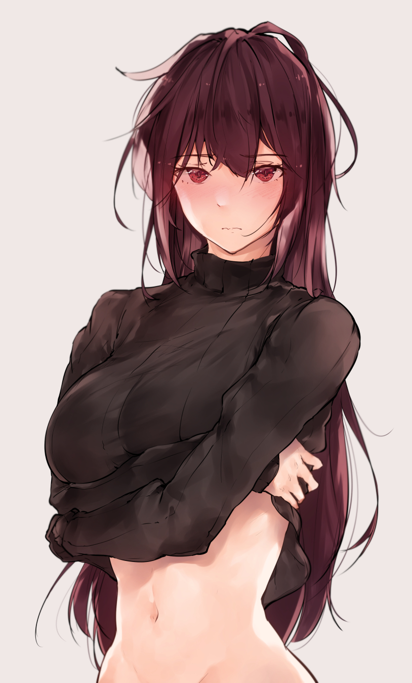 1girl, 1girls, black sweater, blush, bottomless, breasts, fate (series), fate/grand order, female, female focus, groin, highres, hplay, large breasts, lifting own clothes, long hair, long sleeves, messy hair, navel, out-of-frame censoring, purple hair, red eyes, scathach (fate), simple background, solo, solo female, source request, sweat, sweater lift, turtleneck, undressing, very long hair, white background