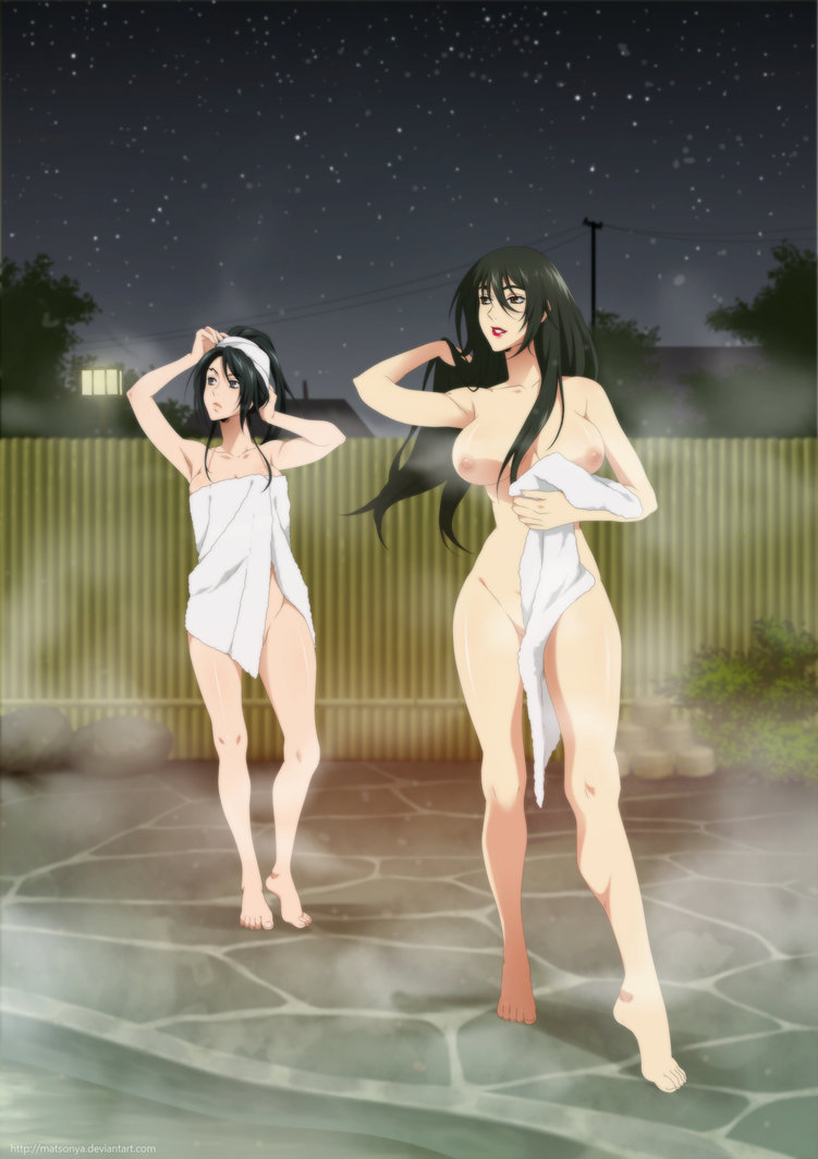 2girls areolae bathhouse black_eyes black_hair breasts brown_eyes kousaka_shigure large_breasts long_hair matsonya_(artist) mikumo_kushinada multiple_girls night nipples nude onsen parted_lips public_bath shijou_saikyou_no_deshi_ken'ichi smile standing towel