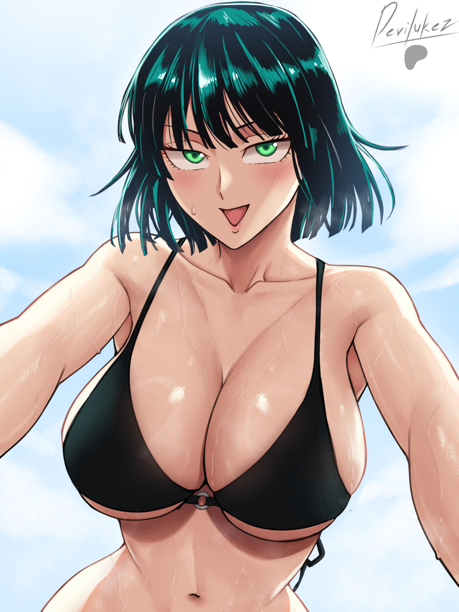 1girls, alternate version available, artist name, big breasts, bikini, bikini bottom, bikini top, black bikini, black bikini top, bottomwear, breast focus, breasts, cleavage, dark green hair, devilukez, female, female only, fubuki (one-punch man), green eyes, hair, huge breasts, looking at viewer, one-punch man, questionable, short hair, smile, solo, solo female, swimwear, topwear, upper body, upper body focus