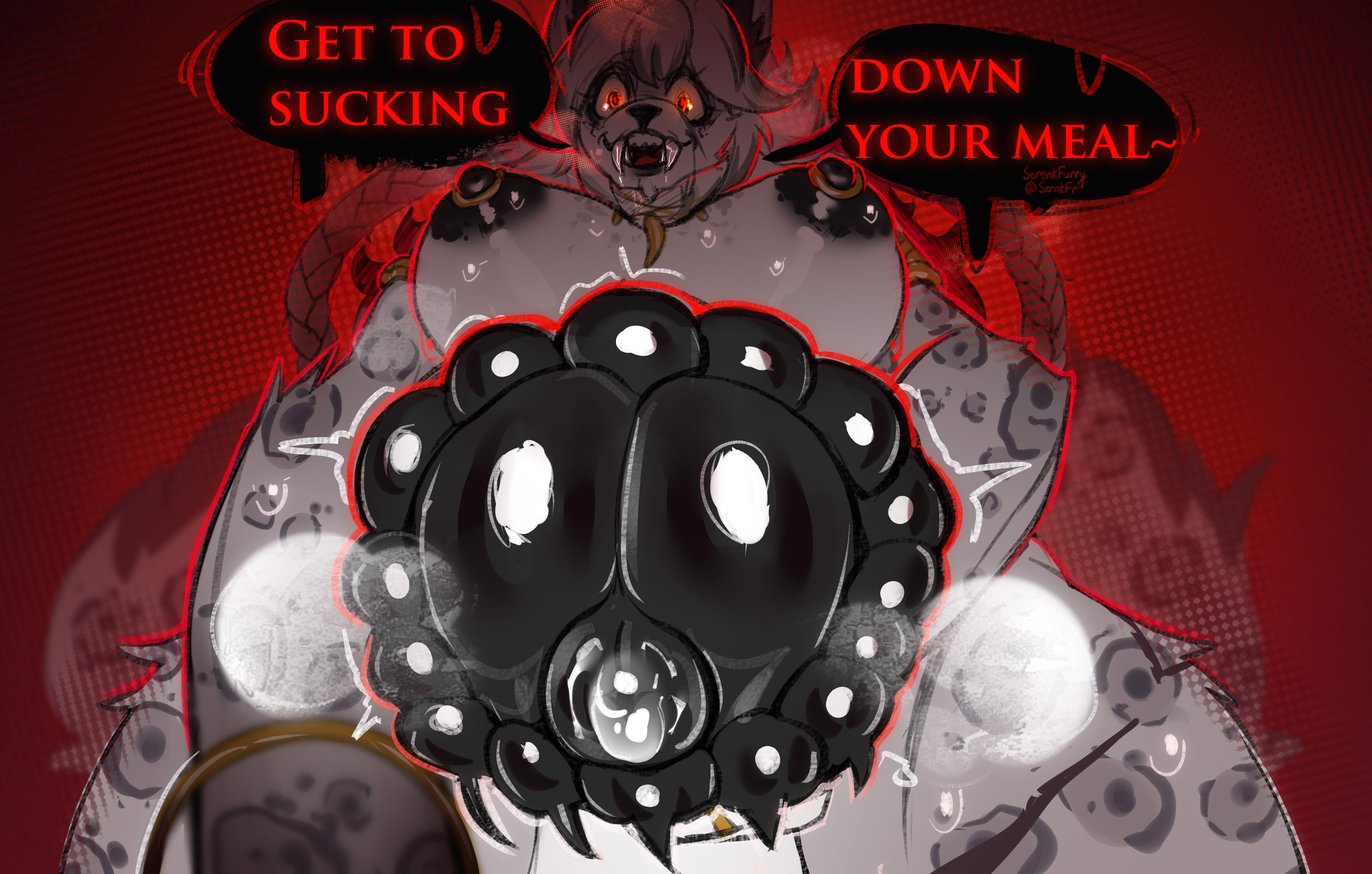 1futa, anthro, areolae, barbed penis, big breasts, big penis, big tail, braided hair, breasts, breasts apart, drool, drooling, english text, erect nipples, erection, eyes open, fangs, feline humanoid, freyja (heliocintrini), fur, furry, futa, futa focus, futanari, glowing eyes, grabbing viewer, gray body, gray fur, gray hair, grey body, grey fur, grey hair, hair between eyes, hand on penis, heliocintrini, horny, horny futa, horsecock, horsecock futa, horsecock on humanoid, imminent blowjob, imminent fellatio, large breasts, large penis, long hair, looking down the barrel, necklace, nipple rings, nipples, original, original character, pantherine, pantherine humanoid, penis, penis towards viewer, perky breasts, pierced nipples, pov, precum, precum drip, red background, red eyes, ring, sharp teeth, snout, snow leopard, snow leopard ears, snow leopard girl, snow leopard humanoid, snow leopard tail, solid color background, solo, solo focus, spiked penis, spotted body, spotted fur, steamy penis, stronkfurry, tail, taker pov, thick thighs, thighs, throbbing penis, tooth necklace, underboob, voluptuous, voluptuous futa, white body, white fur