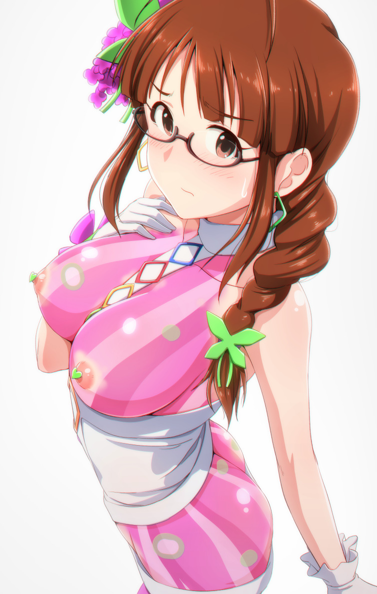 akizuki_ritsuko ass bangs bodypaint braid breasts closed_mouth collarbone commentary_request earrings eyebrows_visible_through_hair female flower from_side glasses gloves grey_background hair_flower hair_ornament hair_over_shoulder hand_on_own_chest heart_pasties hips idolmaster jewelry long_hair looking_at_viewer medium_breasts nipples no_bra no_panties painted_clothes pasties revealing_clothes semi-rimless_glasses simple_background solo sweatdrop tengu_(tetuo_kun) tetuo_kun white_gloves