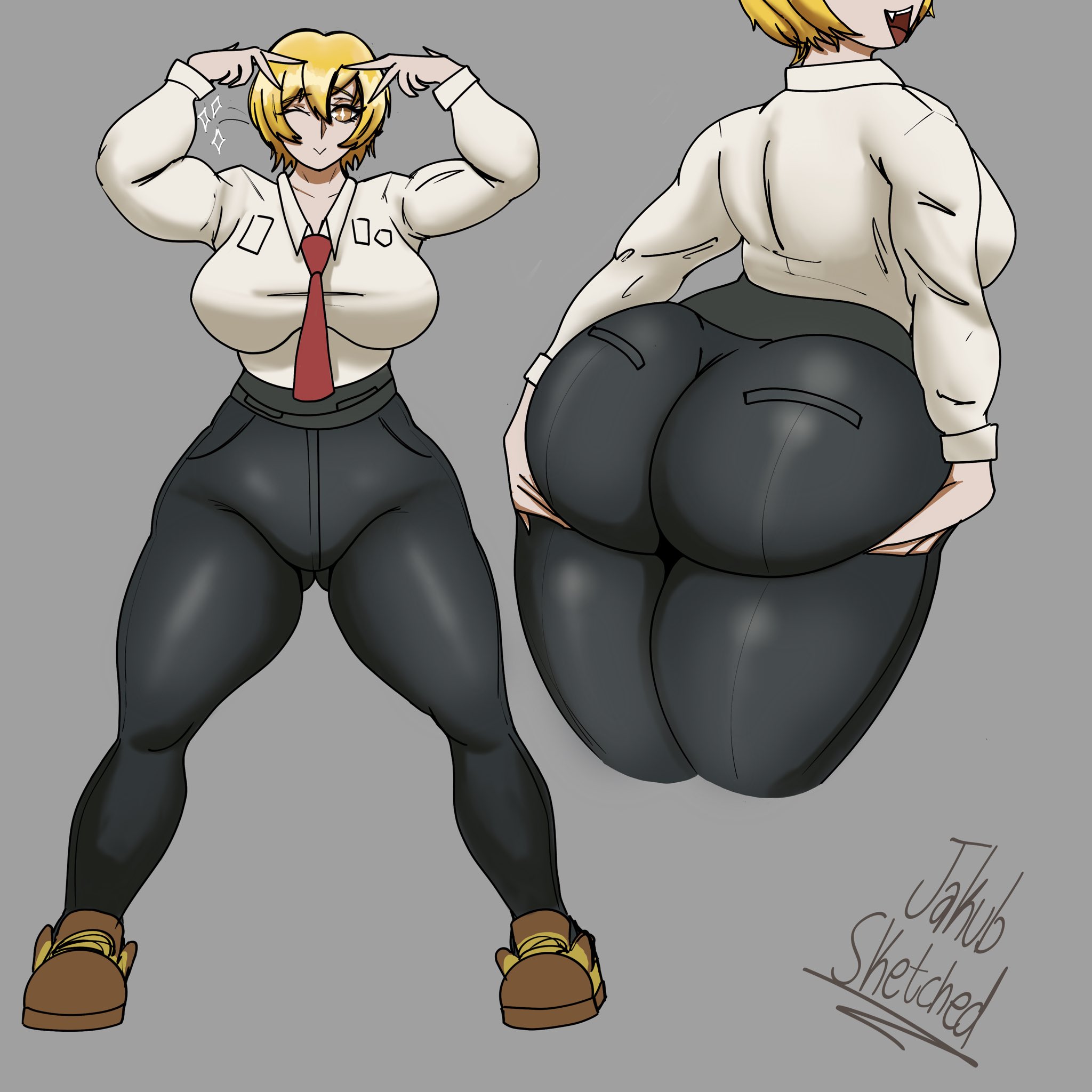 1girls, alternate ass size, alternate breast size, ass, ass focus, big breasts, bubble butt, curvy figure, don quixote (limbus company), double peace sign, female focus, female only, fully clothed, holding ass, huge ass, jakub sketched (artist), limbus company, one eye closed, project moon, short hair, solo, solo female, thick thighs, tight clothing, tight pants, wide hips, wink, yellow hair