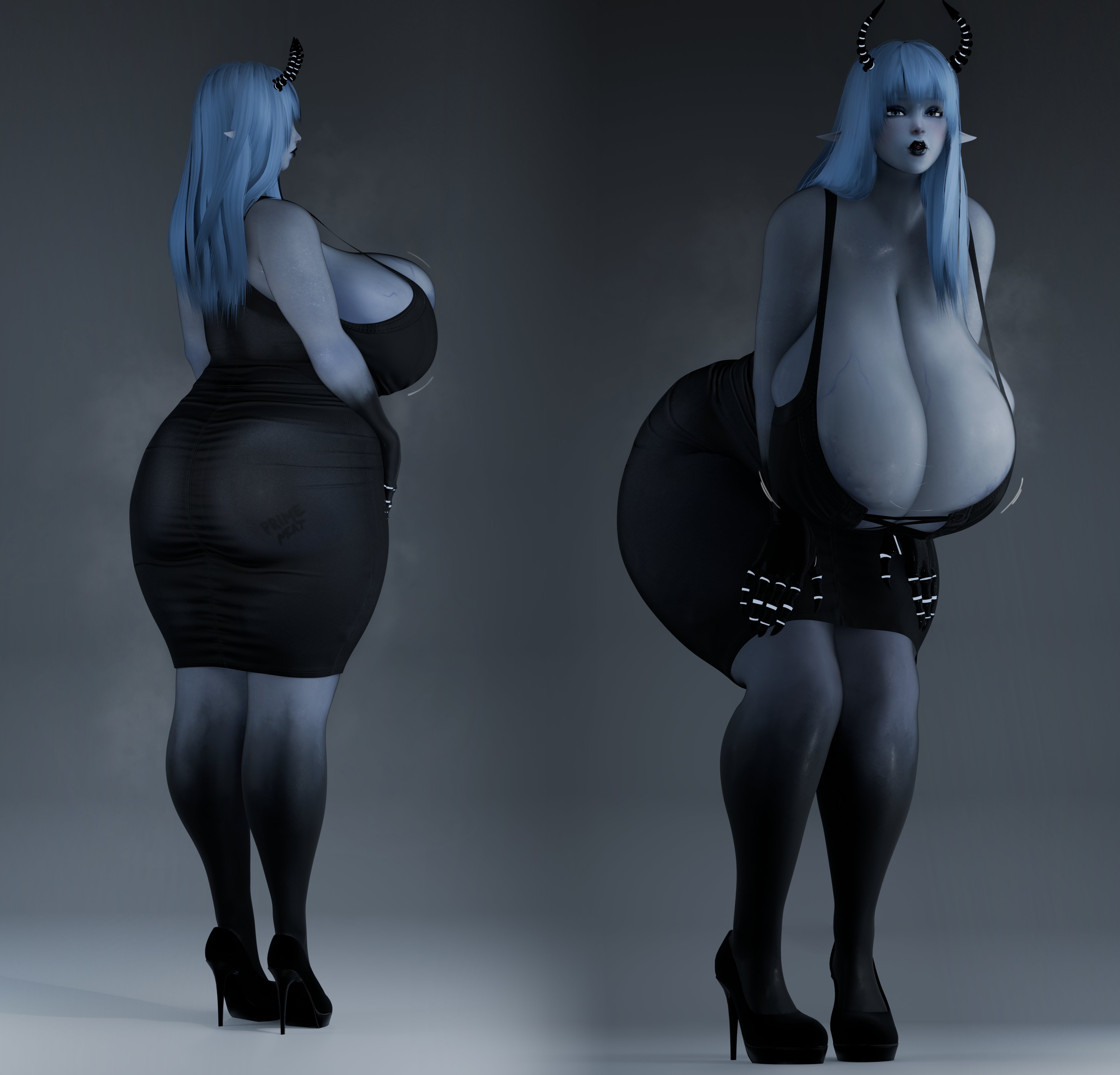 3d, akaku b, ass, ass in dress, black dress, blue skin, breasts, bubble butt, curvy, fat ass, female, female only, gigantic breasts, hanging breasts, huge ass, huge breasts, looking at viewer, massive areolae, massive breasts, milf, mommy, original, original character, thick, thick thighs, thighs, wide hips