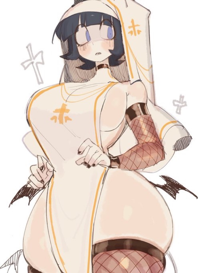 azazel (helltaker), boobs, curvy, curvy female, curvy figure, cute, cute face, female, helltaker, nun, nun outfit, safe, safe for work, sfw