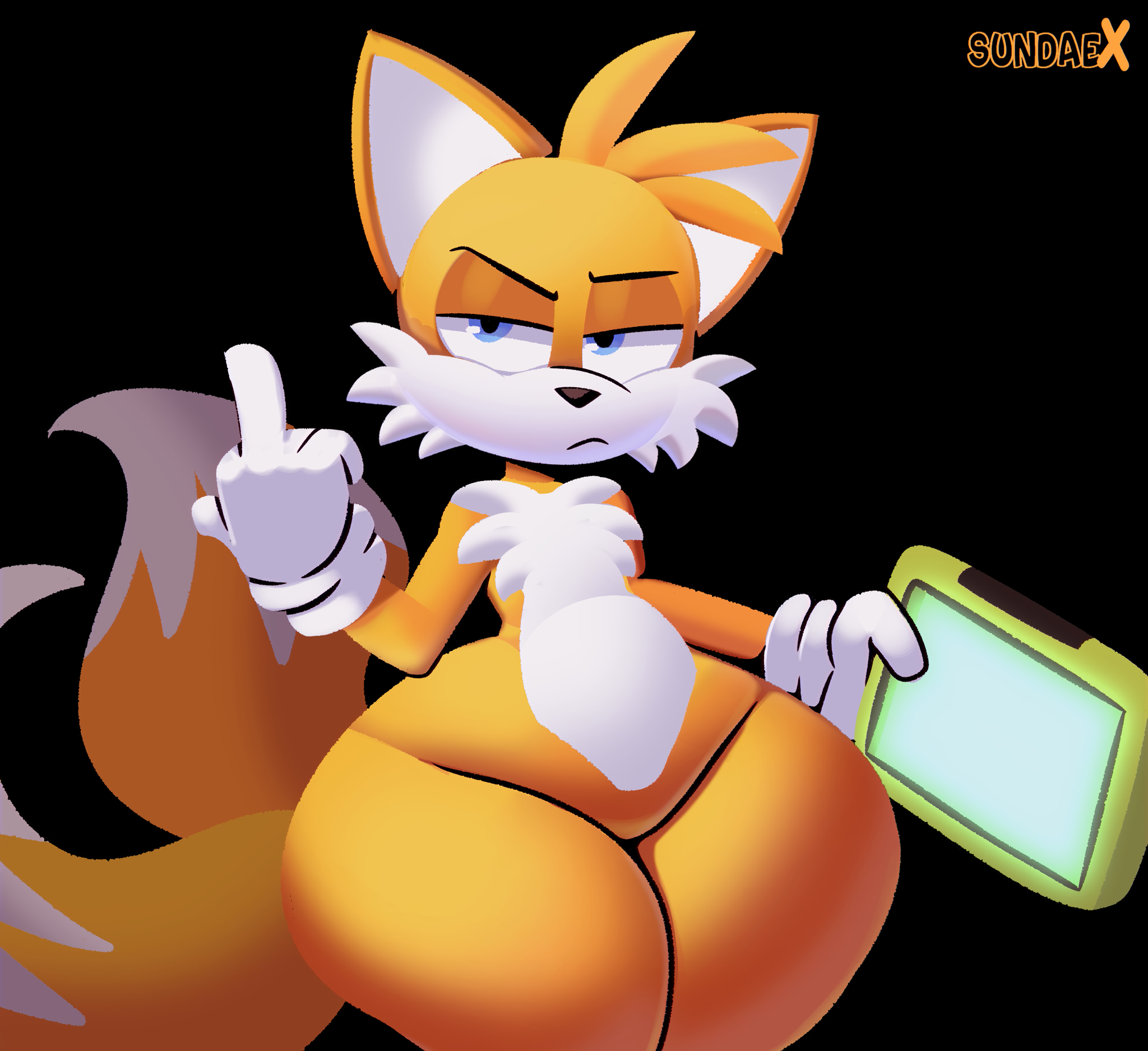 anthro, blue eyes, featureless crotch, fox, huge thighs, male, male only, middle finger, sega, solo, sonic (series), sundaex, tails the fox, thick thighs, video games, wide hips