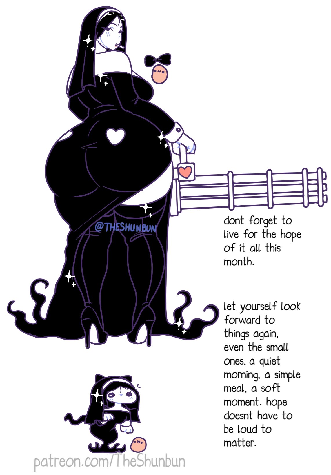 1girls, ass bigger than head, big ass, bottom heavy, bow, cat ears, cat tail, chibi, cigarette, cigarette in mouth, curvaceous, curvy, curvy female, curvy figure, dat ass, dumptruck ass, dumptruck butt, emotional support, encouragement, encouraging viewer, enormous ass, enormous butt, fat ass, fat butt, female, female focus, female only, gatling gun, gigantic ass, gigantic butt, goth, goth girl, goth nun, gun, heels, high heels, hips wider than shoulders, huge ass, huge butt, kawaii potato, large ass, large butt, looking at viewer, looking back at viewer, looking over shoulder, massive ass, massive butt, minigun, motivational, nun, nun hat, nun outfit, nun's habit, pale skin, pale-skinned female, pear shaped, pear-shaped figure, slit dress, solo female, sparkles, straining clothing, stretched clothing, tagme, theshunbun, thicc, thick ass, thick thighs, thigh highs, thighhighs, tight clothing, voluptuous, voluptuous female, weapon, wholesome, wholesome as fuck, wholesome end, wide hips, wide thighs