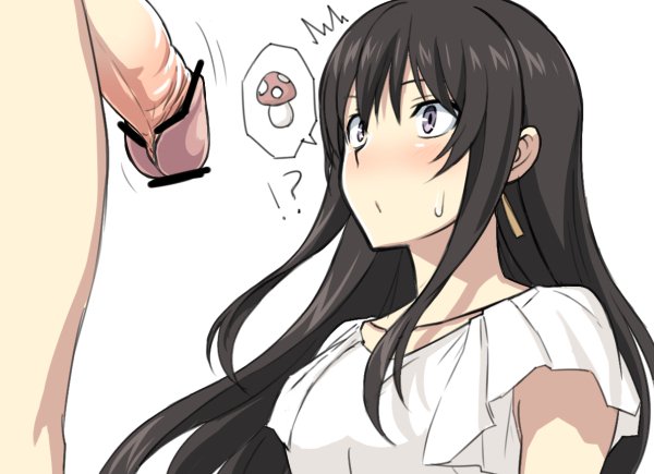 !? 1boy black_hair blush censored earrings ese_shinshi female jewelry long_hair necklace original penis shirt simple_background solo_focus spoken_mushroom surprised sweatdrop upper_body white_background white_shirt wide-eyed