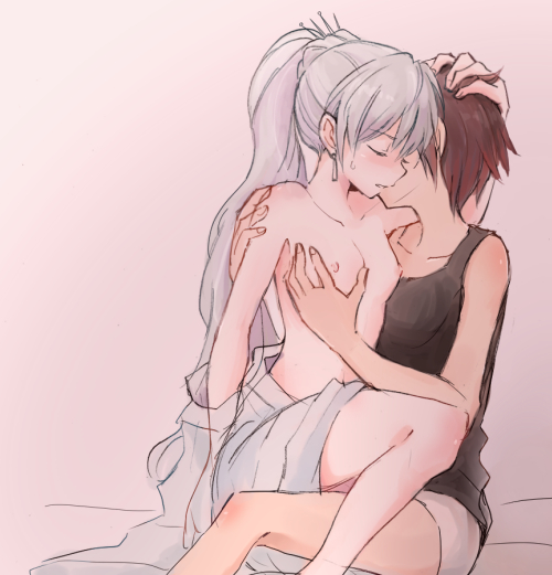 2girls black_hair breast_grab breasts closed_eyes hand_in_hair long_hair multiple_girls nagasawa_(tthnhk) nipples ponytail ruby_rose rwby short_hair shorts small_breasts tank_top topless undressing weiss_schnee white_hair yuri