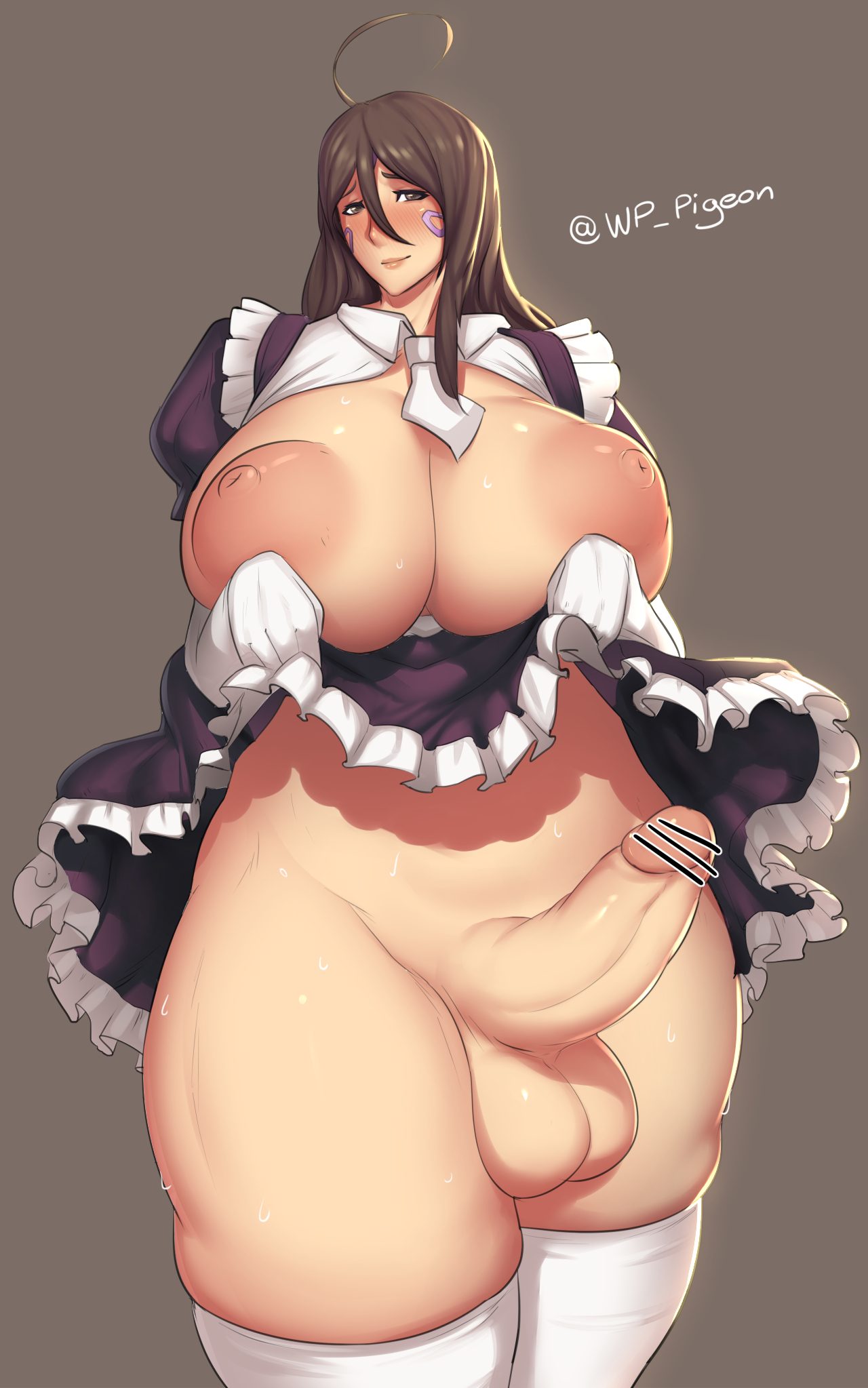 1futa, ahoge, areolae, balls, blush, breasts, breasts out, brown eyes, brown hair, censored, clothing, color, curvy, dress, erection, futa only, futanari, huge breasts, intersex, large areolae, large breasts, large penis, long hair, looking at viewer, nipples, oh my goddess!, penis, plump, skuld, smile, solo, solo futa, stockings, sweat, testicles, thick thighs, thighhighs, waterproof-pigeon, wide hips