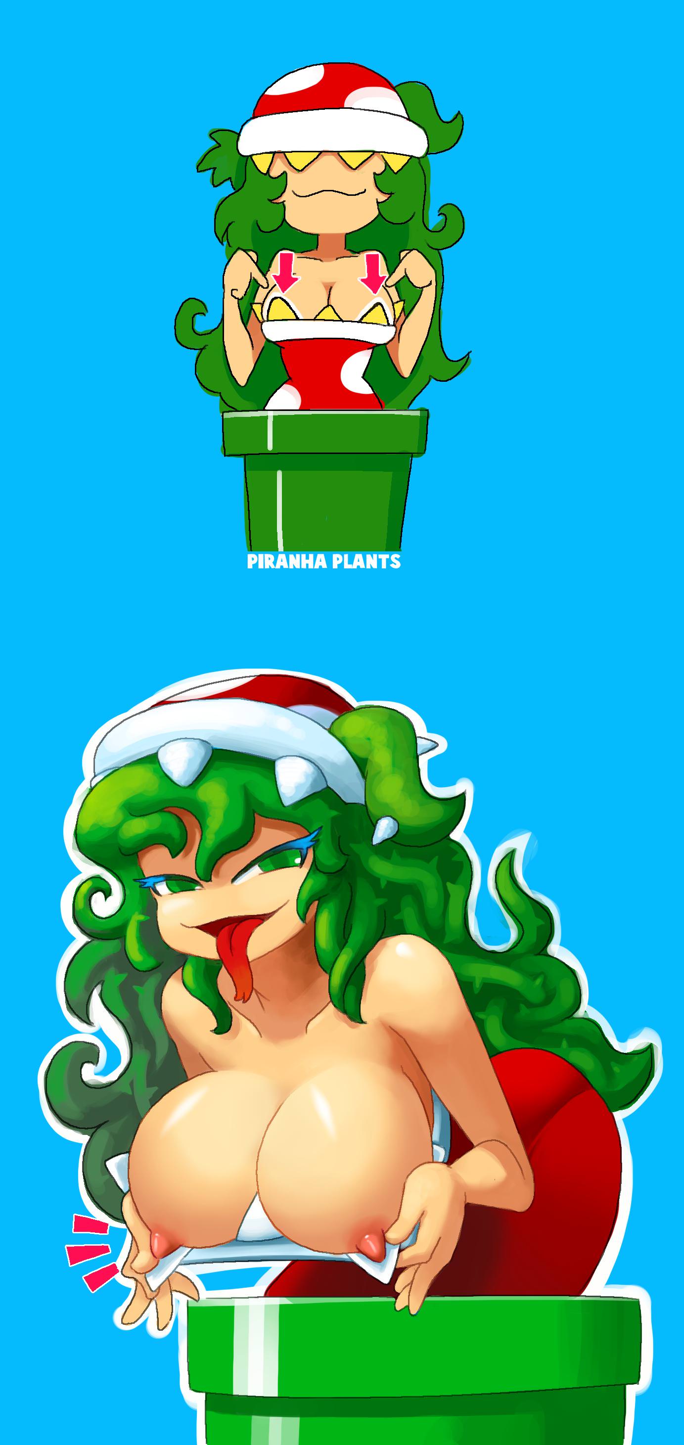 1girls, 2018, big breasts, blue background, breasts, cleavage, clothing, female, female only, green eyes, green hair, long hair, long tongue, looking at viewer, mario (series), messy hair, minus8, minus8 (smb enemies), nintendo, nipples, open mouth, pipes, piranha plant, piranha plant girl, seductive, simple background, smile, solo, standing, tongue, tongue out, very long hair, warp pipe