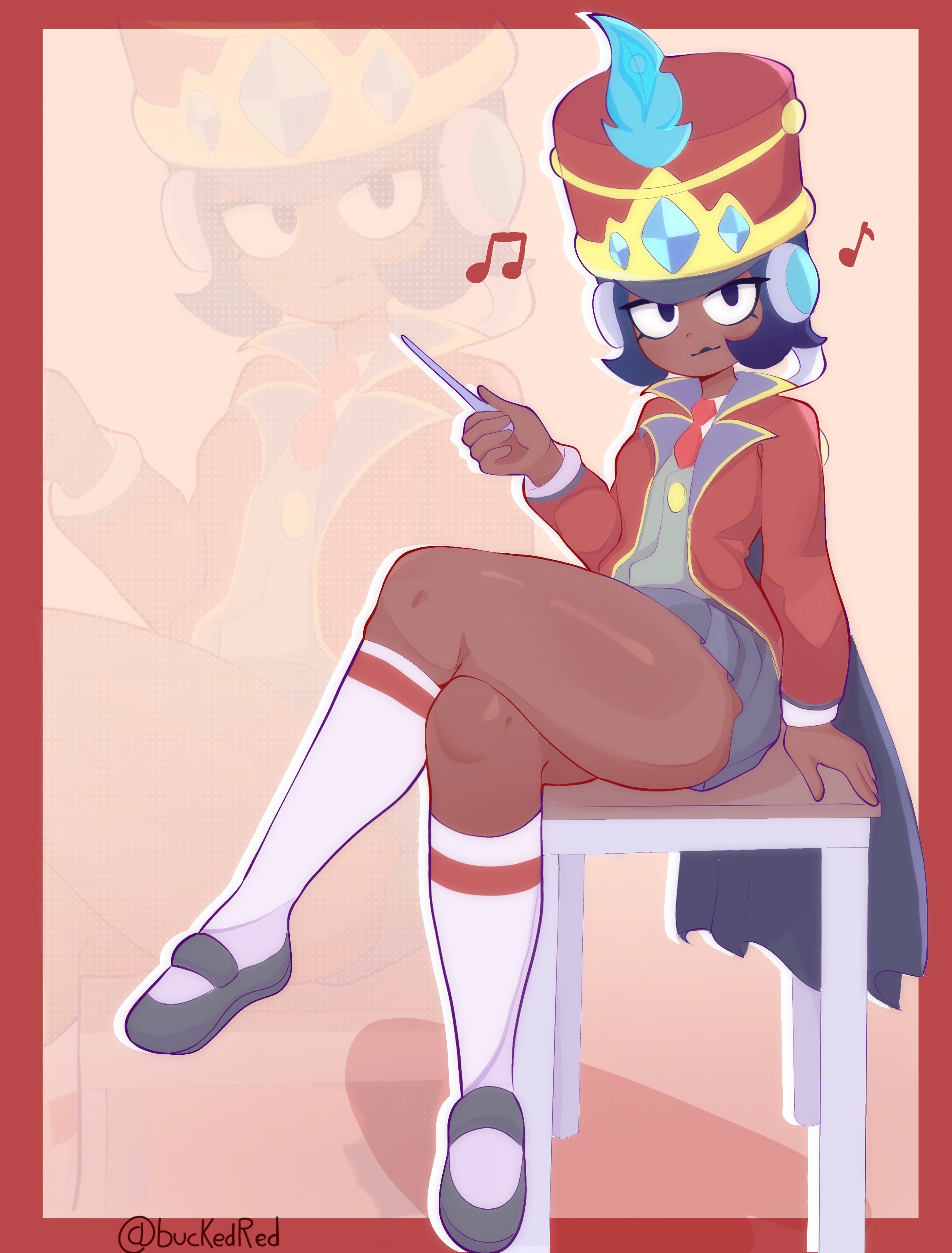1girl, 1girls, black hair, blazer, brawl stars, bucketred, crossed legs, dark skin, dark-skinned female, female, female focus, female only, headgear, najia (brawl stars), ruffled skirt, shirt, shoes, sitting, skirt, socks, stockings, thighhighs, thighs, wide hips, wide thighs