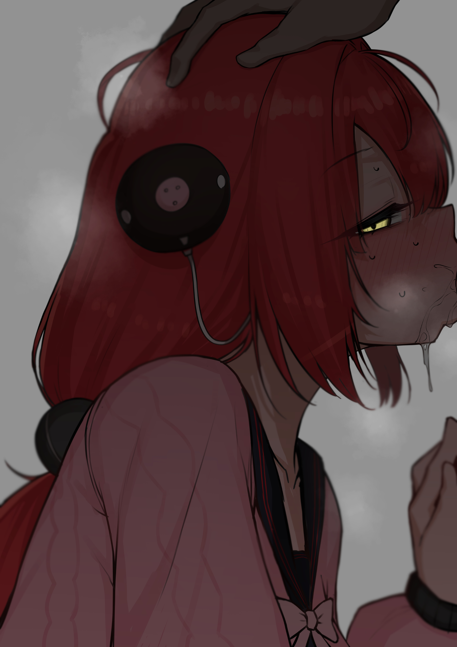 1boy, 1girl, braid, braided twintails, cardigan, cum, cum in mouth, cum overflow, duplicate, fellatio, from side, green eyes, hair ornament, hand on another's head, hearing aid, hetero, highres, long hair, looking at viewer, mikage 77777, oral, out-of-frame censoring, pink cardigan, red hair, simple background, sphere hair ornament, ukinami yuzuha, zenless zone zero