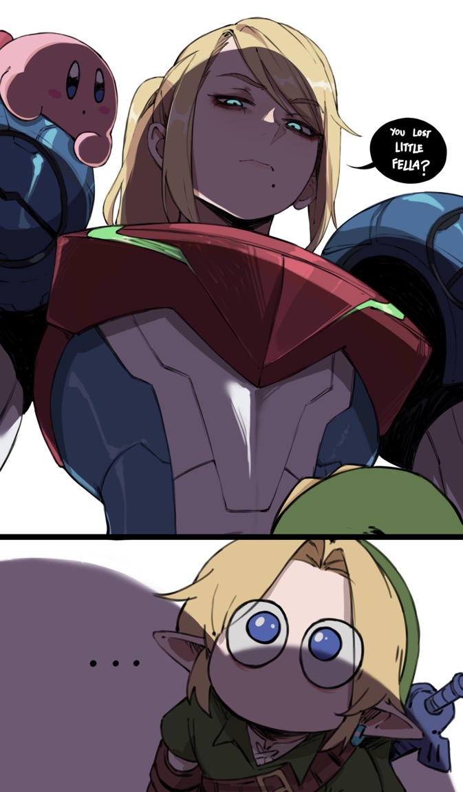 1boy, 1girls, 2026, 2d, 2d (artwork), armor, big breasts, blonde hair, blue eyes, breast shadow, breasts, chest plate, color, dialogue, female, hi res, highres, huge breasts, kirby, kirby (series), light skin, light-skinned female, link, long hair, looking at another, looking down, male, masoq095, metroid, metroid ravenous, nintendo, not porn, pink skin, ponytail, samus aran, seductive look, shadow, speech bubble, text, the legend of zelda, white background