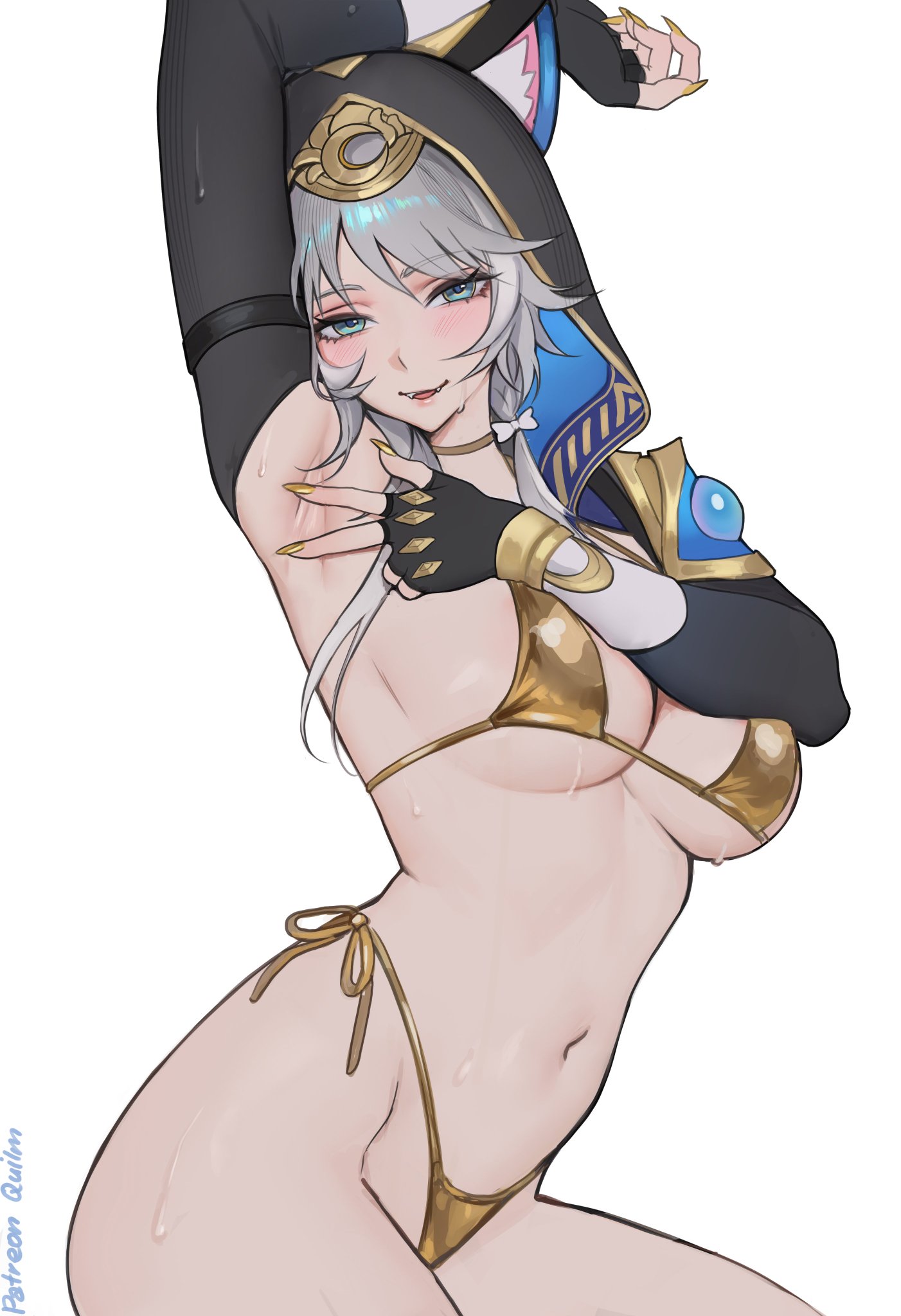 1girls, arm up, armpit focus, armpits, arms up, bikini, blue eyes, cat ears, choker, cipher (honkai: star rail), cleavage, female, golden bikini, grey hair, honkai: star rail, hood, hoyoverse, huge breasts, large breasts, leotard, looking at viewer, midriff, mihoyo, nails, open mouth, peace sign, presenting, presenting armpit, quilm, seductive, seductive eyes, seductive look, seductive pose, seductive smile, silver hair, smile, smiling, smiling at viewer, solo, solo focus, spread armpit, string bikini, sweat, sweatdrop, sweating, sweaty, sweaty body, swimsuit, thigh strap, tummy, v