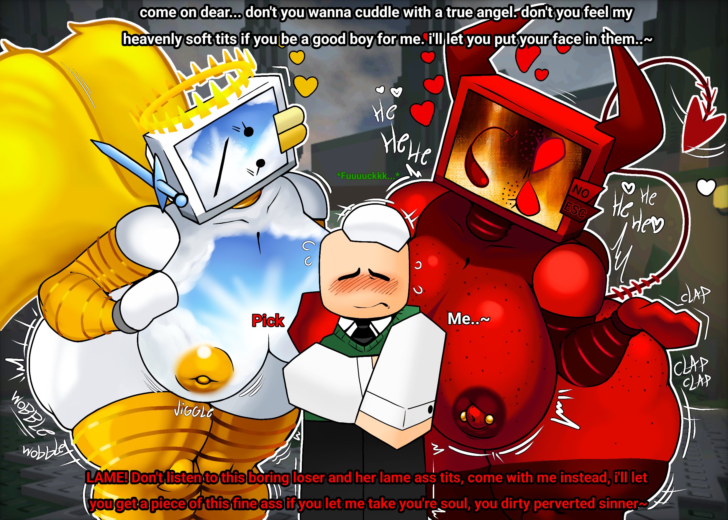 1boy, 2026, 2d, 2d (artwork), 2girls, angel and devil, angel wings, angelware, areolae, badware (die of death), big breasts, blocky body, breasts, breasts bigger than head, civilian (die of death), color, colored, devil horns, devil tail, devilware (die of death), dialogue, die of death (roblox), digital drawing (artwork), digital media (artwork), english text, female, freckled breasts, freckles, freckles on breasts, heart symbol, hearts, hearts around head, horns, huge breasts, humanoid, large breasts, light skin, light-skinned male, male, motion lines, nipple piercing, nipples, onomatopoeia, piercings, red body, roblox, roblox game, robloxian, robot, robot girl, robot humanoid, screen face, spade tail, tail, text, theevilpie, tv head, white body, wide hipped female, wide hips
