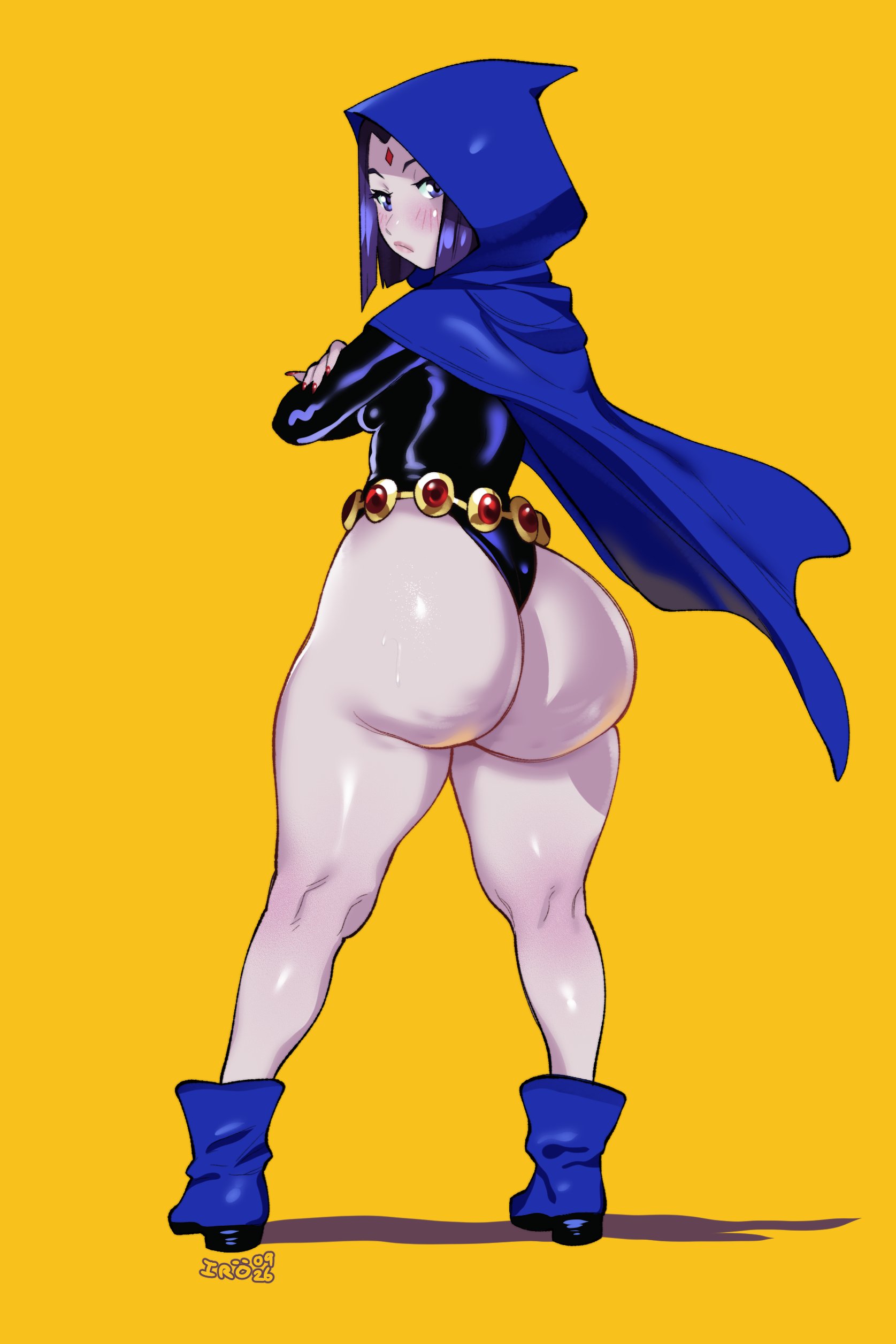 1girl, 2d, arms held back, ass, big ass, blush, bottom heavy, dc comics, huge ass, iroquois, large ass, looking at viewer, purple hair, raven (dc), raven (teen titans), small breasts, teen titans (television series), teenager, thick thighs
