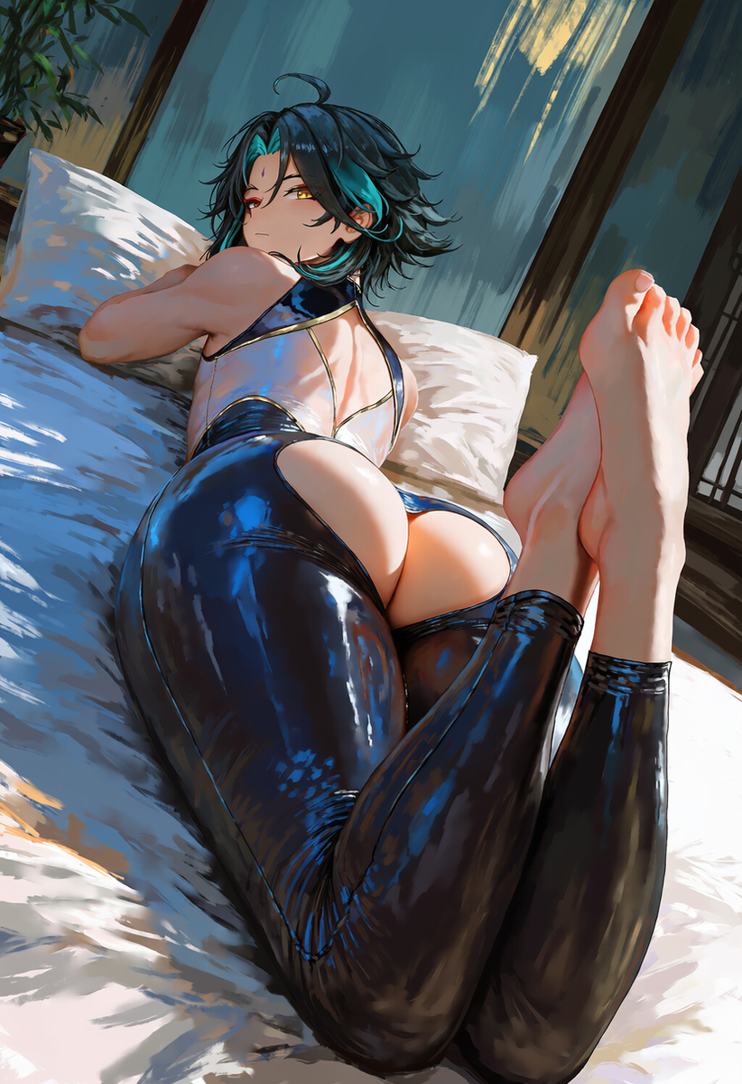 1boy, ai generated, ass, ass cheeks, ass cleavage, ass focus, ass peek, big ass, bodysuit, bubble ass, bubble butt, curvy femboy, cutout pants, dat ass, feet, feet fetish, feet up, femboy, femboy only, gay, genshin impact, girly, juicy butt, large ass, light skin, light-skinned femboy, male, male only, on stomach, otoko no ko, otokonoko, patreon, sissy, skin tight, solo, solo male, tight clothing, torn bodysuit, torn clothes, trap, twink, wide hips, xiao (genshin impact), yaoi