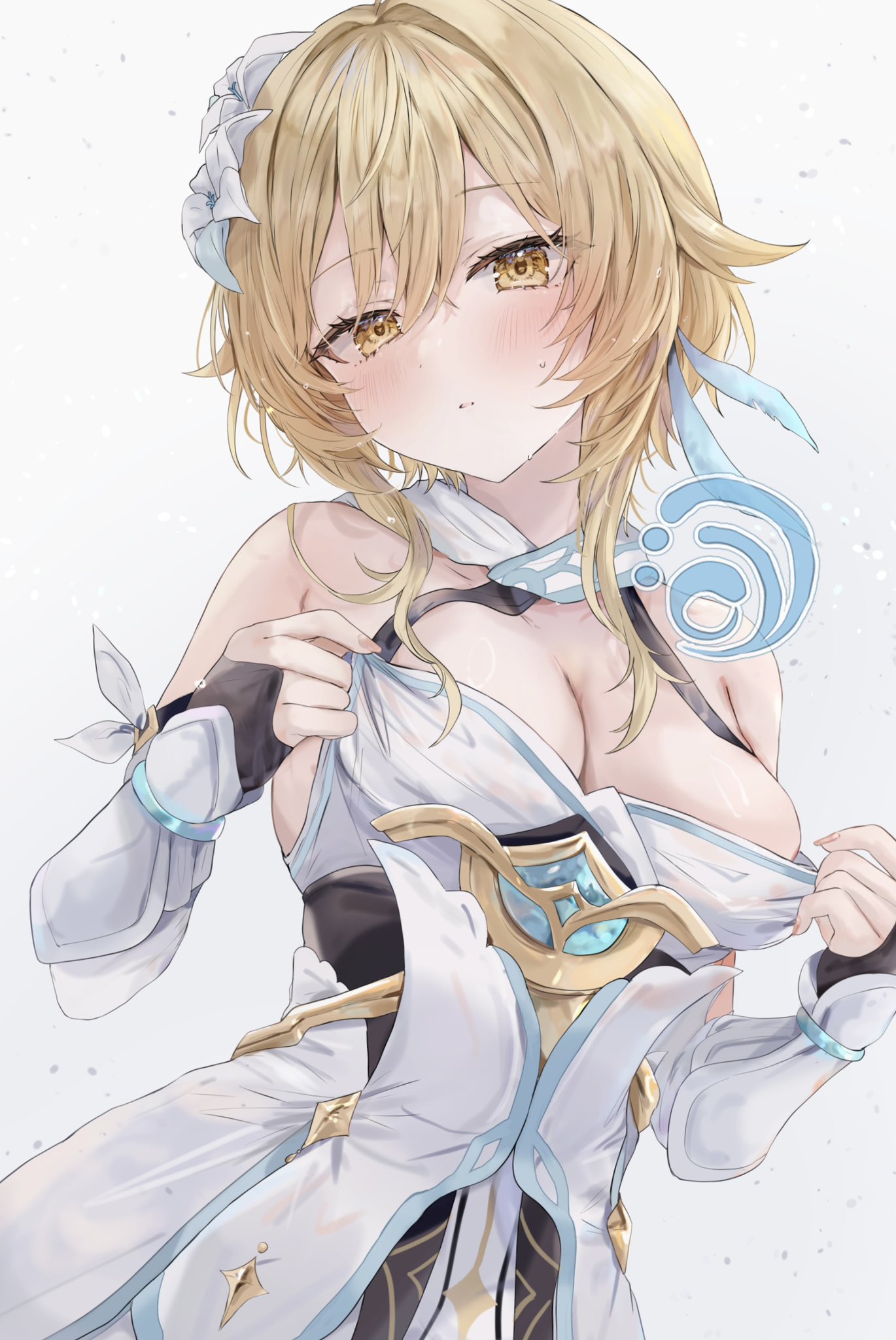1girl, 1girls, blush, breasts, cleavage, dress, fingernails, genshin impact, highres, hoyoverse, looking at viewer, lumine (genshin impact), maruro, parted lips, simple background, sleeveless, solo, wet, wet clothes, white background, yellow eyes