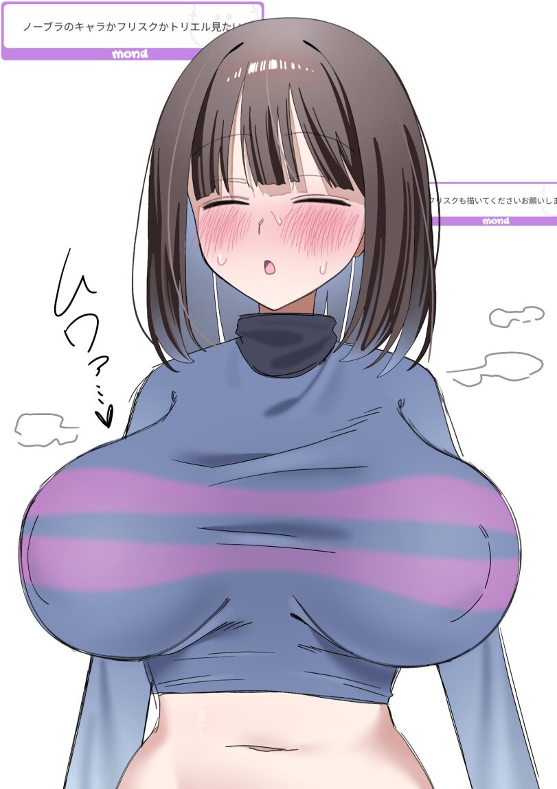 big breasts, blush, blushing, blushing female, brown hair, closed eyes, closed eyes female, clothed female, female, female frisk, female only, frisk, frisk (undertale), huge breasts, japanese text, short hair, undertale