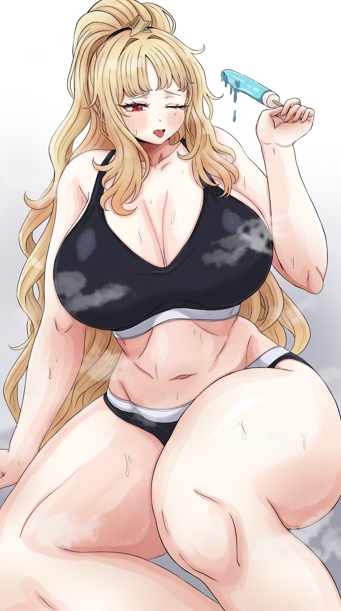 1girls, bbambi, big breasts, blonde hair, blue popsicle, breasts, distortion detective, ezra (distortion detective), female, hair, hot, huge breasts, limbus company, long hair, mouth open, navel, one eye closed, popsicle, popsicle melting, project moon, red eyes, sports bra, sweat, sweating, sweating female, sweaty, sweaty body, thick thighs, thighs, tongue, tongue out