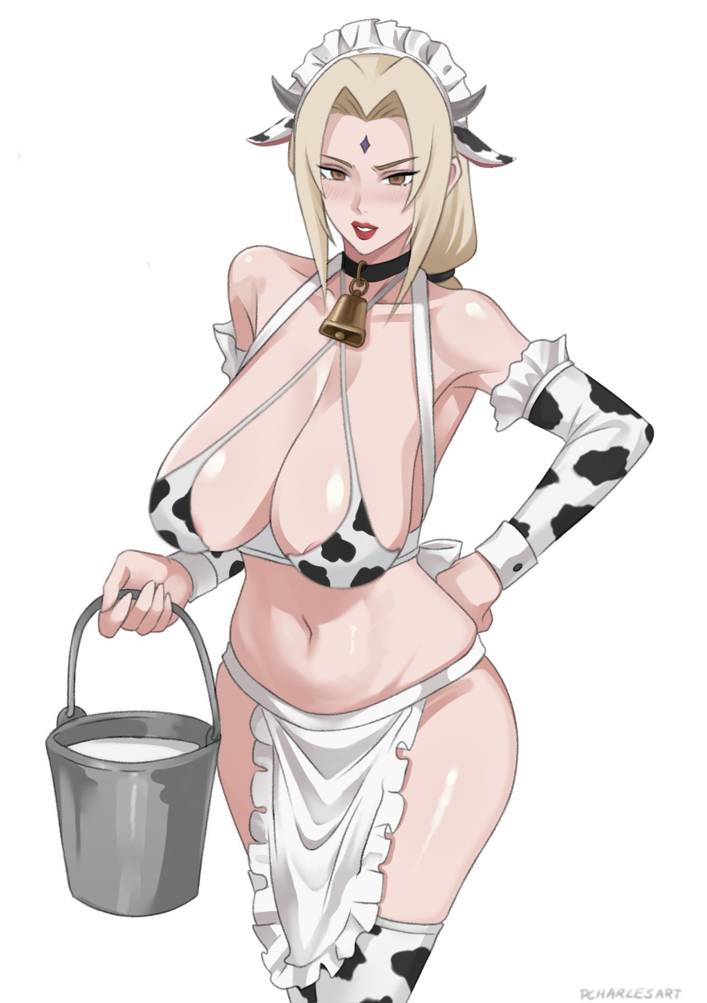 1girls, alternate color, alternate version available, armwear, artist name, big breasts, blonde hair, breasts, brown eyes, bucket, charlesart, cow ears, cow horns, cow print, cow print armwear, cow print bikini, cow print gloves, cow print legwear, cow print thighhighs, cowbell, fake animal ears, fake horns, female, female only, forehead jewel, gloves, hair, hand on hip, headdress, headwear, hips, holding object, huge breasts, legwear, lips, maid headdress, mature, mature female, mature woman, milf, milk bucket, naruto, naruto (series), neckwear, pelvic curtain, solo, solo female, thighhighs, tsunade, white background