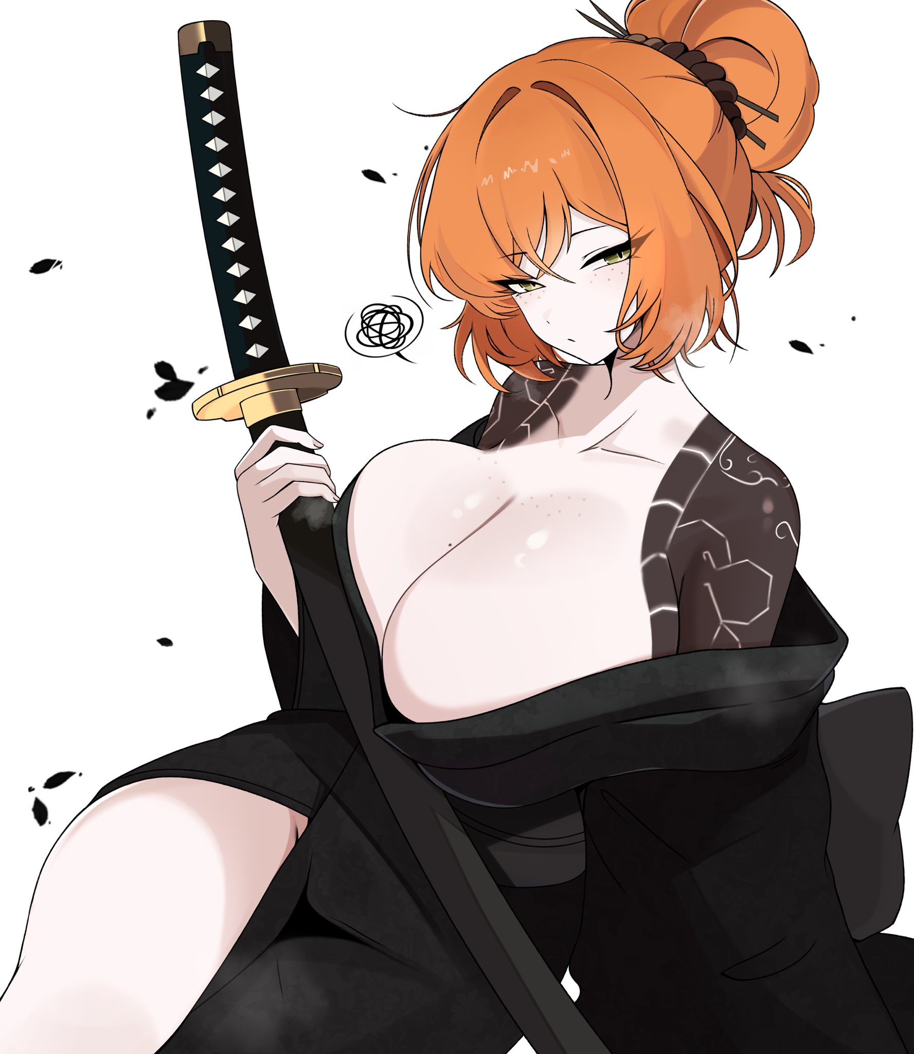 black kimono, breasts, breasts squeezed together, female, female focus, female only, freckles, freckles on breasts, freckles on face, green eyes, hair bun, hair ornament, hair tie, ishmael (limbus company), katana, kimono open, kimono partially removed, kurokumo clan, kurokumo clan (identity) (project moon), large breasts, light skin, light-skinned female, limbus company, m ayonessa, obi, orange hair, project moon, short hair, sole female, squished breasts, tattoo, tattoo on arm, tattoos, thighs, weapon