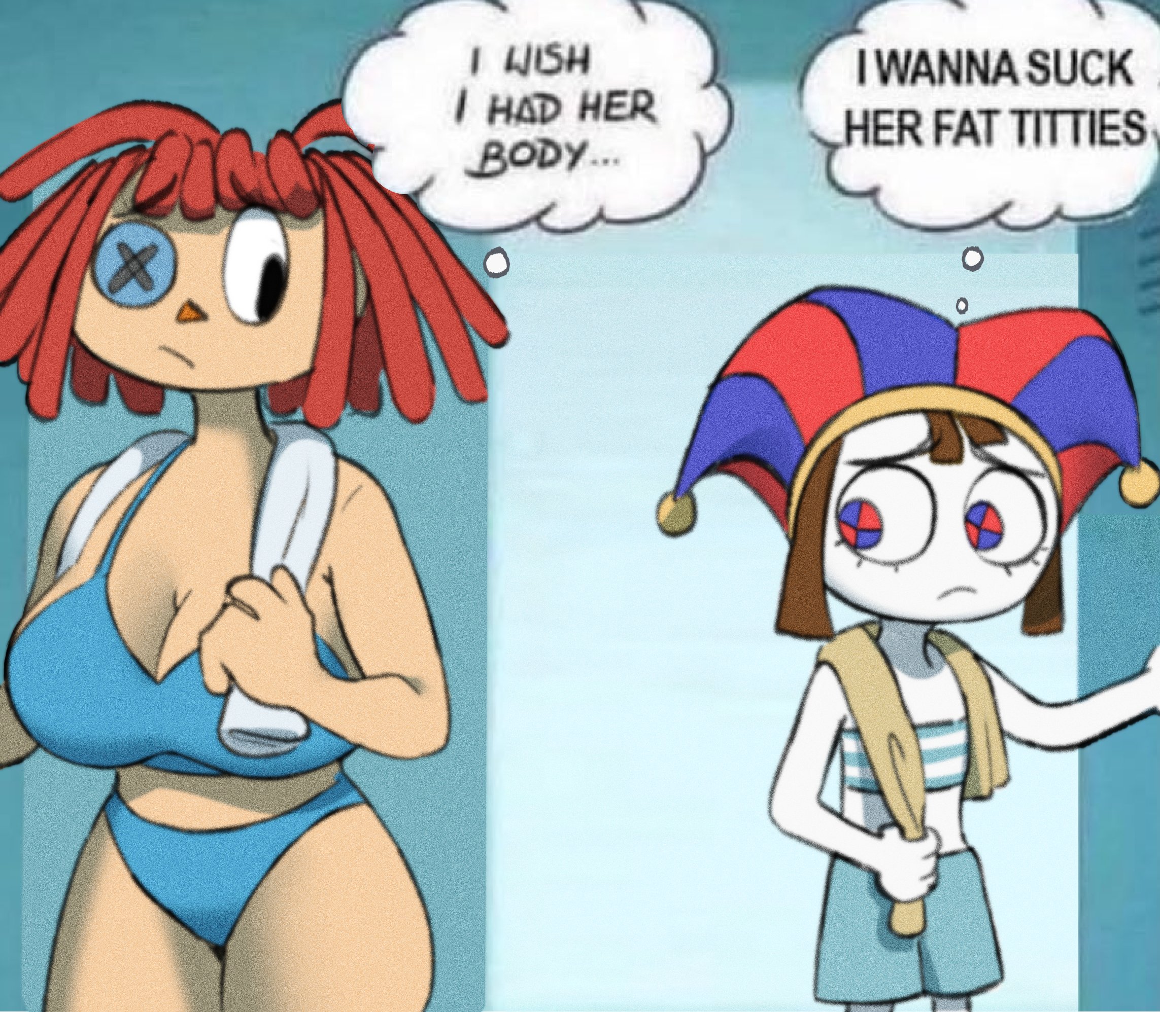 2girls, artist request, bikini, breast envy, button eye, cleavage, english text, envy, flat chest, huge breasts, i wish i had her body (meme), pomni (the amazing digital circus), ragatha (the amazing digital circus), tagme, text, the amazing digital circus, thought bubble, two piece swimsuit, two-piece swimsuit