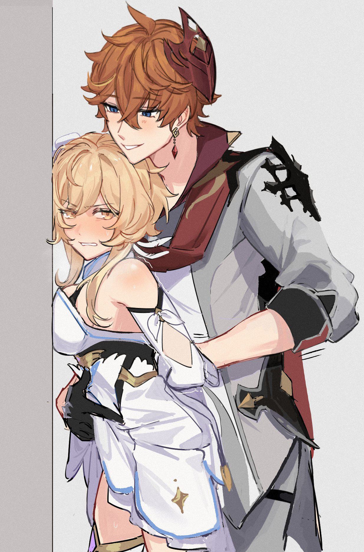 1boy, 1girls, against wall, arm behind back, blonde female, blonde hair, blue eyes, blush, childe (genshin impact), clenched teeth, dress lift, female, genshin impact, ginger, ginger male, gloves, height difference, hi res, implied sex, lifting clothing, lifting dress, lifting skirt, light skin, light-skinned female, lumine (genshin impact), male, male/female, restrained, short female, shorter female, straight, suggestive, suggestive gesture, suggestive pose, taller male, tartaglia (genshin impact), tsundere