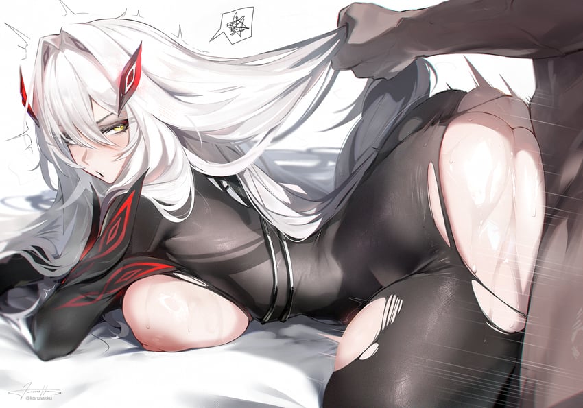 1boy, 1girl, 1girls, all fours, ass, big ass, bodystocking, bodysuit, breasts, breasts out, clothed sex, commentary request, dark skin, dark-skinned male, doggystyle, embarrassed, femsub, genshin impact, grabbing another's hair, hair between eyes, hair grab, hetero, highres, holding another's hair, human, human female, human male, korusakku, large breasts, light-skinned female, long hair, looking to the side, nipples, partial commentary, puffy nipples, ronova (genshin impact), sex, sex from behind, sidelocks, slim waist, speech bubble, tagme, thick thighs, torn bodystocking, torn bodysuit, torn clothes, twitter username, vaginal penetration, very long hair, white hair, wide hips, yellow eyes