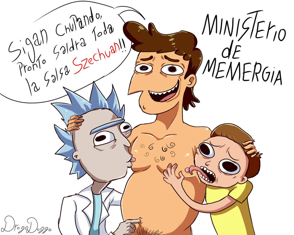 clothed_male_nude_male cmnm drogodoggo gaston_(ministerio_de_energia) gay hairy licking morty_smith navel_insertion nipple_licking nipple_suck out_of_frame_censoring pubic_hair_peek rick_and_morty rick_sanchez spanish_text what yaoi