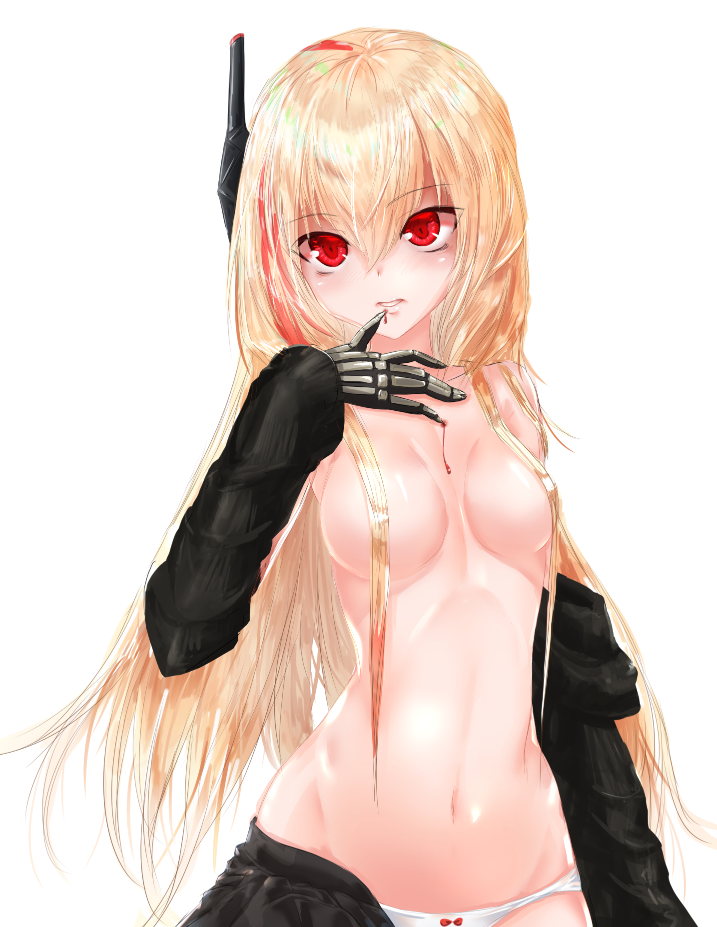 arm at side, blonde hair, blood, bow, bow panties, breasts, convenient censoring, detached sleeves, female, girls' frontline, gukukimu, hair censor, hair over breasts, headgear, highres, long sleeves, m4 sopmod ii (girls' frontline), mechanical arm, medium breasts, navel, panties, parted lips, red eyes, shiny, shiny skin, simple background, sleeves past wrists, solo, stomach, topless, tsurime, underwear, upper body, white background, white panties