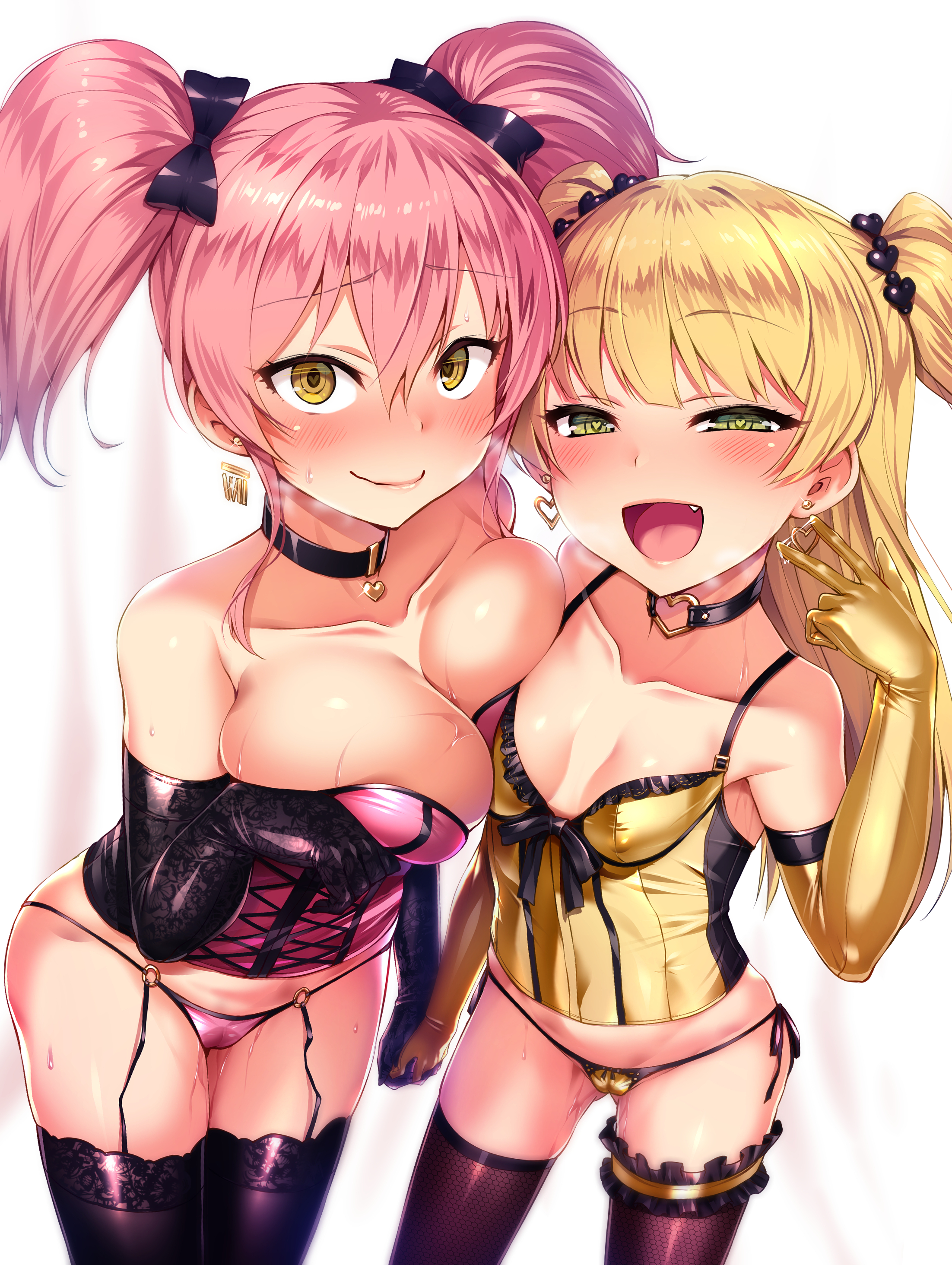 2girls, bare shoulders, black legwear, blonde hair, bow, breasts, cameltoe, choker, cleavage, cute fang, earrings, elbow gloves, eyebrows visible through hair, female, fishnet legwear, fishnets, garter straps, gloves, green eyes, gyaru, hair between eyes, hair ribbon, hairbow, hand holding, heart, heart choker, heart earrings, heart-shaped pupils, highres, idolmaster, idolmaster cinderella girls, jewelry, jougasaki mika, jougasaki rika, large breasts, lingerie, lips, long hair, looking at viewer, multiple females, multiple girls, panties, pink hair, pink panties, pussy, ribbon, satou kuuki, siblings, side-tie panties, sisters, small breasts, smile, standing, symbol-shaped pupils, thighhighs, tongue, two side up, underwear, v, white background, yellow eyes, yellow gloves, yellow panties