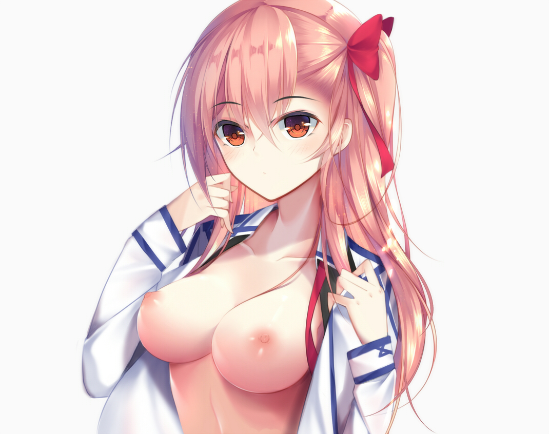 asymmetrical bangs, bangs, blush, bow, breasts, brown eyes, closed mouth, expressionless, eyebrows visible through hair, farcher, female, girls' frontline, hair between eyes, hair ribbon, hairbow, long hair, long sleeves, looking at viewer, medium breasts, negev (girls' frontline), nipples, no bra, one side up, open clothes, open shirt, pink hair, red bow, red ribbon, ribbon, shirt, simple background, solo, tsurime, upper body, white background
