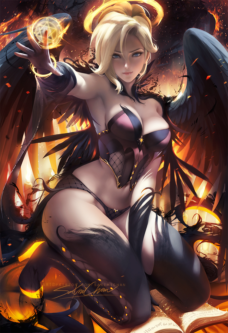 angela ziegler, blizzard entertainment, blonde hair, blue eyes, breasts, cleavage, female, female only, looking at viewer, mercy, overwatch, panties, sakimichan, solo, thighhighs