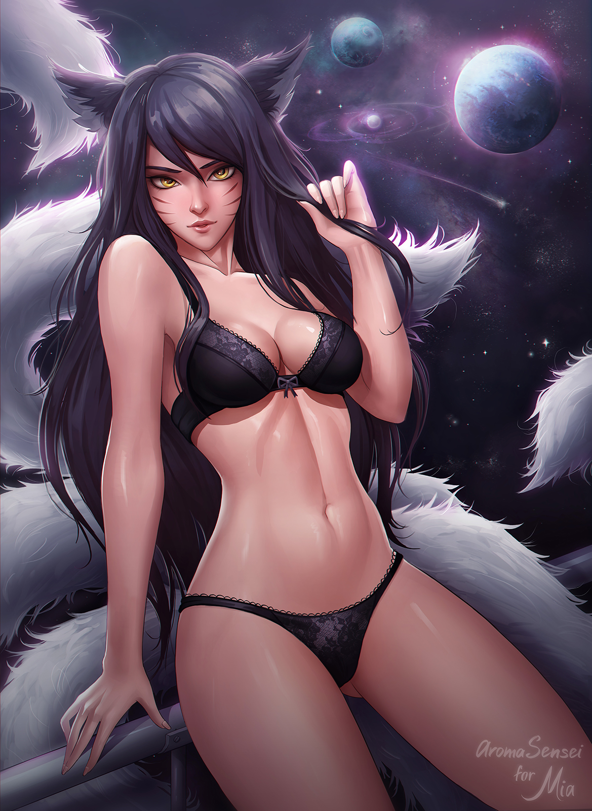 1girls, ahri, aroma sensei, bra, breasts, cleavage, female, female only, league of legends, looking at viewer, panties, solo, yellow eyes