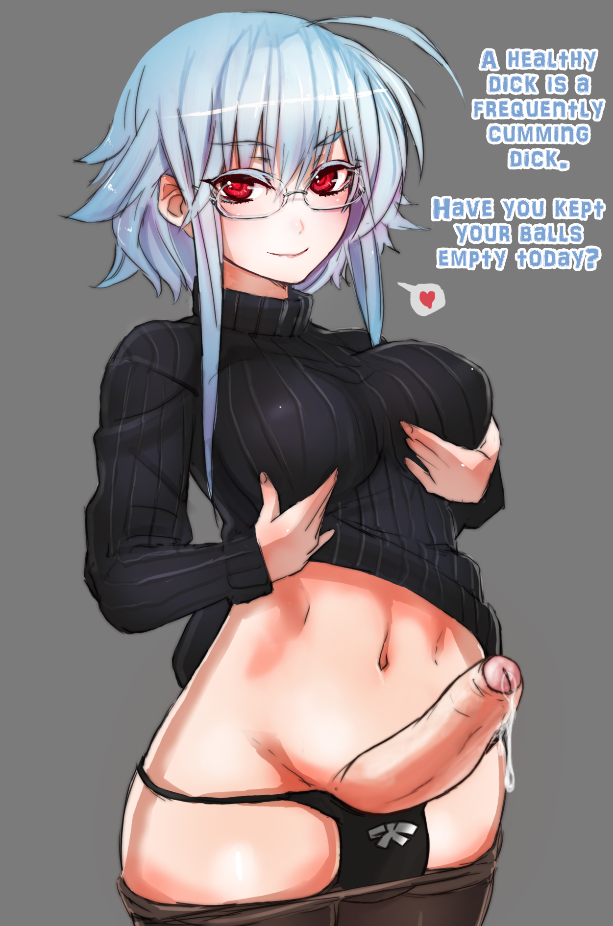 1futa, ahoge, balls, balls in panties, blue hair, breasts, breasts out, caption, clothed, clothing, elzikyuchi, erection, foreskin, futa only, futanari, glasses, intersex, panties, partially clothed, penis, photoshop, precum, precum drip, red eyes, shirt, solo, solo futa, sweater, taishi (picchiridou), text, third-party edit, uncircumcised