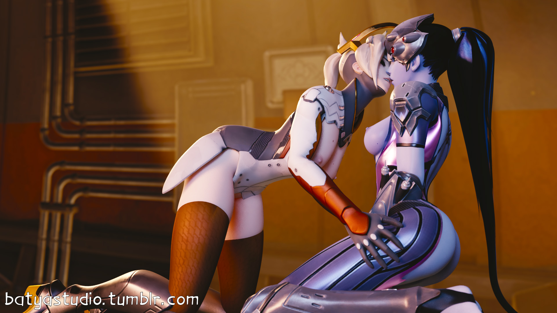 2girls, 3d, areolae, ass, barefoot, batyastudio, big ass, big breasts, big butt, blender, blonde hair, blue skin, breasts, bubble ass, bubble butt, closed eyes, eyes closed, feet, female, female only, happy, kissing, long hair, looking at another, mercy, nipples, on knees, overwatch, pink nipples, purple nipples, sideboob, thighhighs, widowmaker, yellow eyes, yuri
