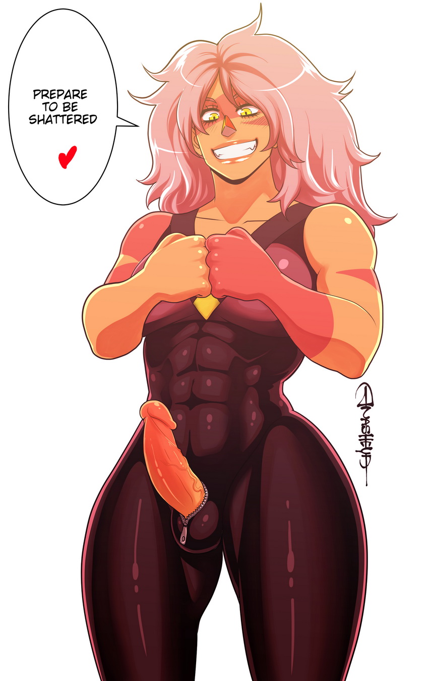 1futa, abs, anasheya, balls, big breasts, bodysuit, breasts, dickgirl, erection, futa only, futadom, futadom caption, futanari, gem (species), heart, hourglass figure, intersex, jasper (steven universe), looking at viewer, muscles, muscular, muscular futa, penis, penis out, pink hair, smile, solo, solo futa, speech bubble, spoken heart, steven universe, testicles, text, thick thighs, veins, veiny penis, watermark, wide hips, zipper