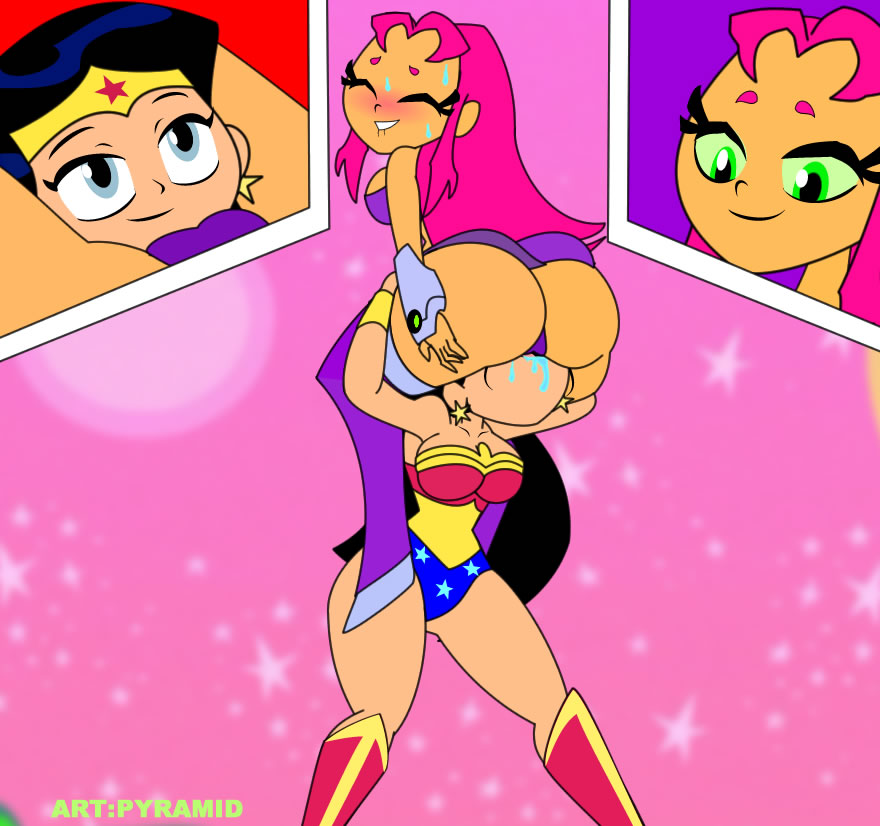 2girls, alien, amazon, ass, breasts, busty, cleavage, cunnilingus, cunnilingus through clothes, dc, dc comics, female, female only, lesbian, medium breasts, multiple females, multiple girls, official style, pyramid (artist), starfire, tamaranean, teen titans, teen titans go, voluptuous, wonder woman, wonder woman (series), yuri