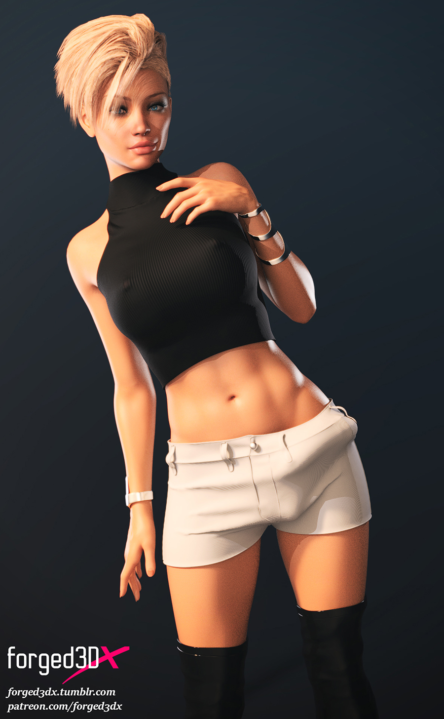 1futa, 3d, balls, balls bulge, balls under clothes, blanc (forged3dx), breasts, bulge, cameltail, curvy, erect nipples, erection, erection under clothes, forged3dx, futa only, futa sans pussy, futanari, intersex, large breasts, large penis, looking at viewer, muscular, muscular futa, nipple bulge, nipples, penis, penis bulge, penis under clothes, realistic, short hair, solo, solo futa, tenting