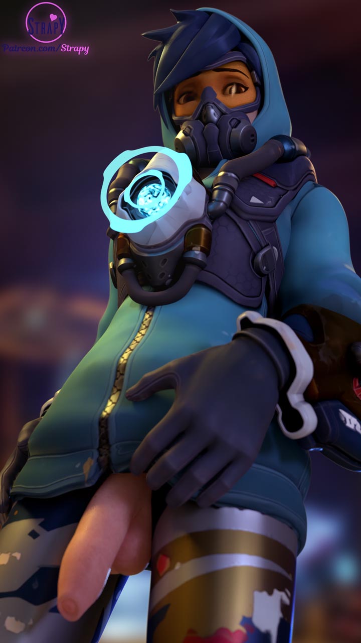 1futa, 3d, alternate costume, balls, blender, dickgirl, futa only, futanari, graffiti tracer, intersex, looking at viewer, overwatch, penis, solo, solo futa, strapy, testicles, tracer