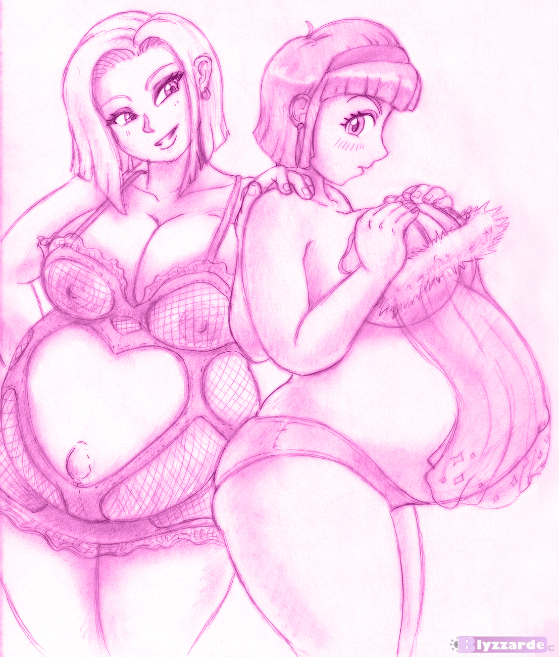 2girls, android 18, areola, belly, big belly, blyzzarde, breasts, bulma briefs, bulma briefs (frieza saga), busty, cleavage, dragon ball, dragon ball z, female, huge belly, large breasts, lingerie, milf, nipples, pregnant, ready to pop, voluptuous
