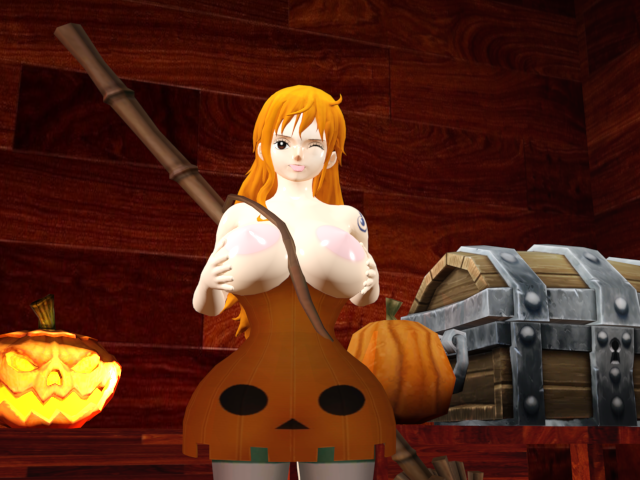 3d dress female female_only half-dressed halloween halloween_costume long_hair nami novacorporation one_piece post-timeskip pumpkin pumpkin_costume