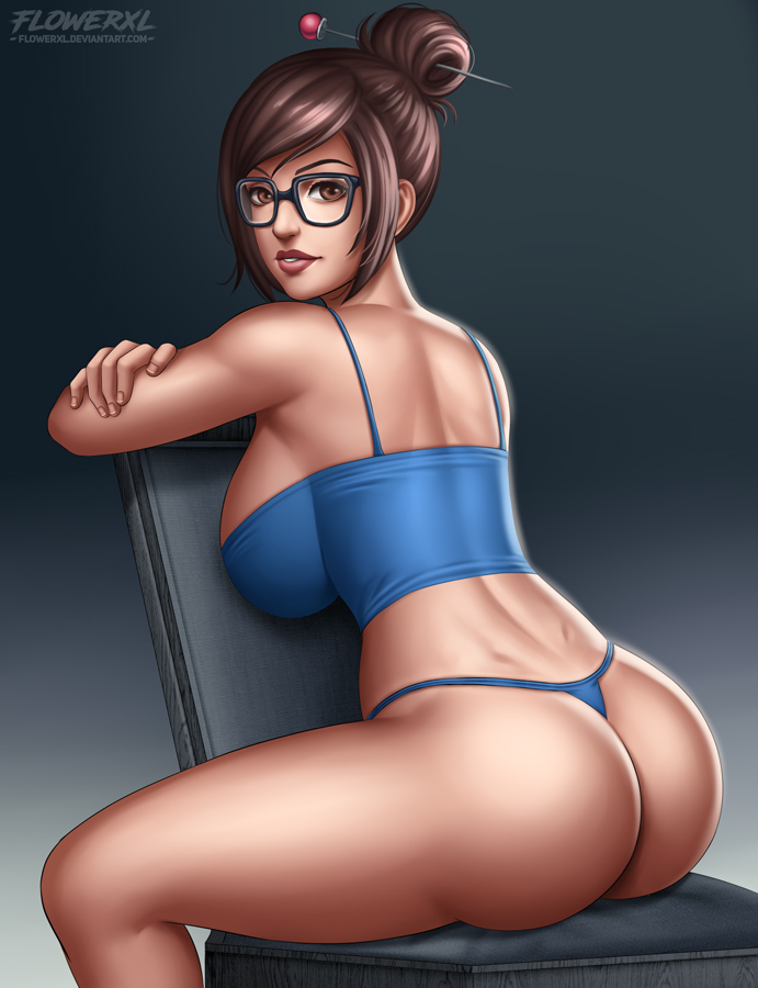 ass, big ass, big breasts, breasts, chubby, cleavage, curvy, female, female only, flowerxl, glasses, large breasts, looking at viewer, looking back, mei (overwatch), overwatch, panties, pinup, solo, thick thighs, thong