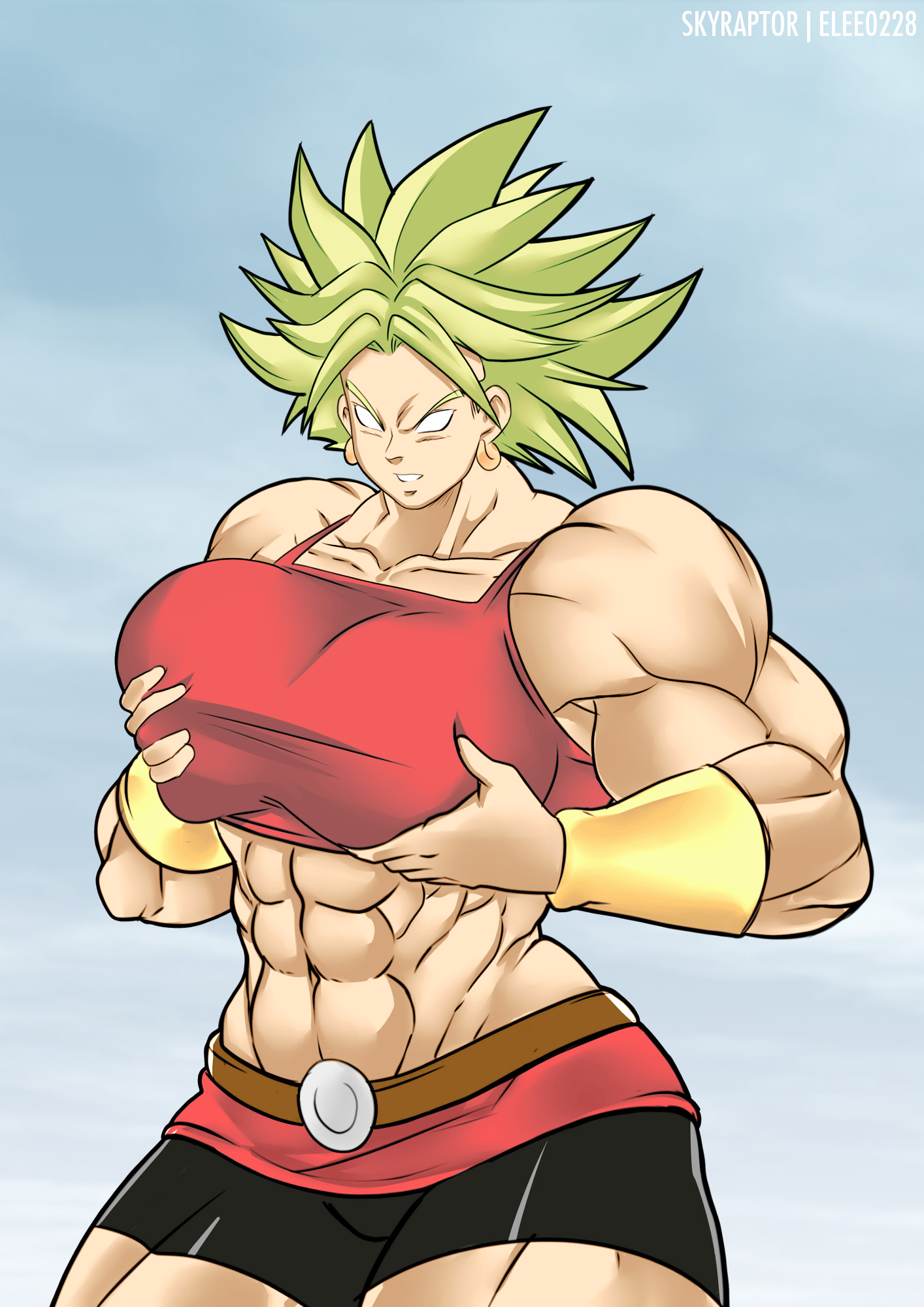 1girls, abs, breast squeeze, breasts, cleavage, dragon ball, dragon ball super, earrings, elee0228, extreme muscles, female, female only, green hair, kale, kale (berserker), large breasts, legendary super saiyan, light skin, light-skinned female, muscles, muscular, muscular female, nipples, saiyan, short hair, skyraptor, solo, spiky hair, super saiyan, text, thick thighs, watermark, white eyes, wide hips
