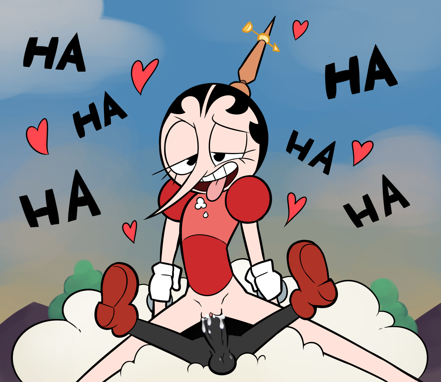 arm grab, arms held back, balls, big penis, black eyes, black hair, black skin, bottomless, clitoris, cloud, clouds, cum, cum in pussy, cum inside, cuphead, cuphead (game), duo, eyelashes, faceless male, female, female on top, flat chest, flats, footwear, fucked silly, gloves, hairless pussy, half-closed eyes, hat, heart, highres, hilda berg, human, human on humanoid, interspecies, larger female, long nose, male, miscon, penis, pointy nose, puffy sleeves, pussy, reverse cowgirl position, sex, shoes, short hair, size difference, smaller male, solo focus, spread legs, straight, tongue, tongue out, vaginal penetration