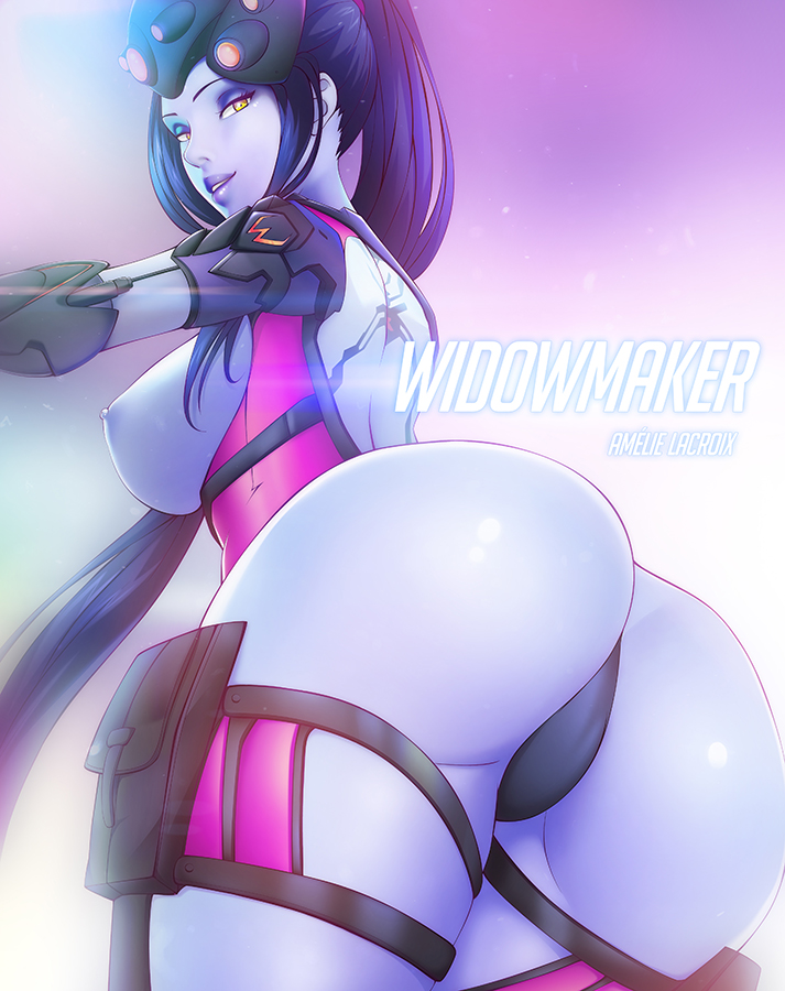 1girls areolae ass big_breasts blue-senpai breasts eliz-chan female female_only large_breasts looking_at_viewer looking_back nipples overwatch panties solo thong underwear widowmaker